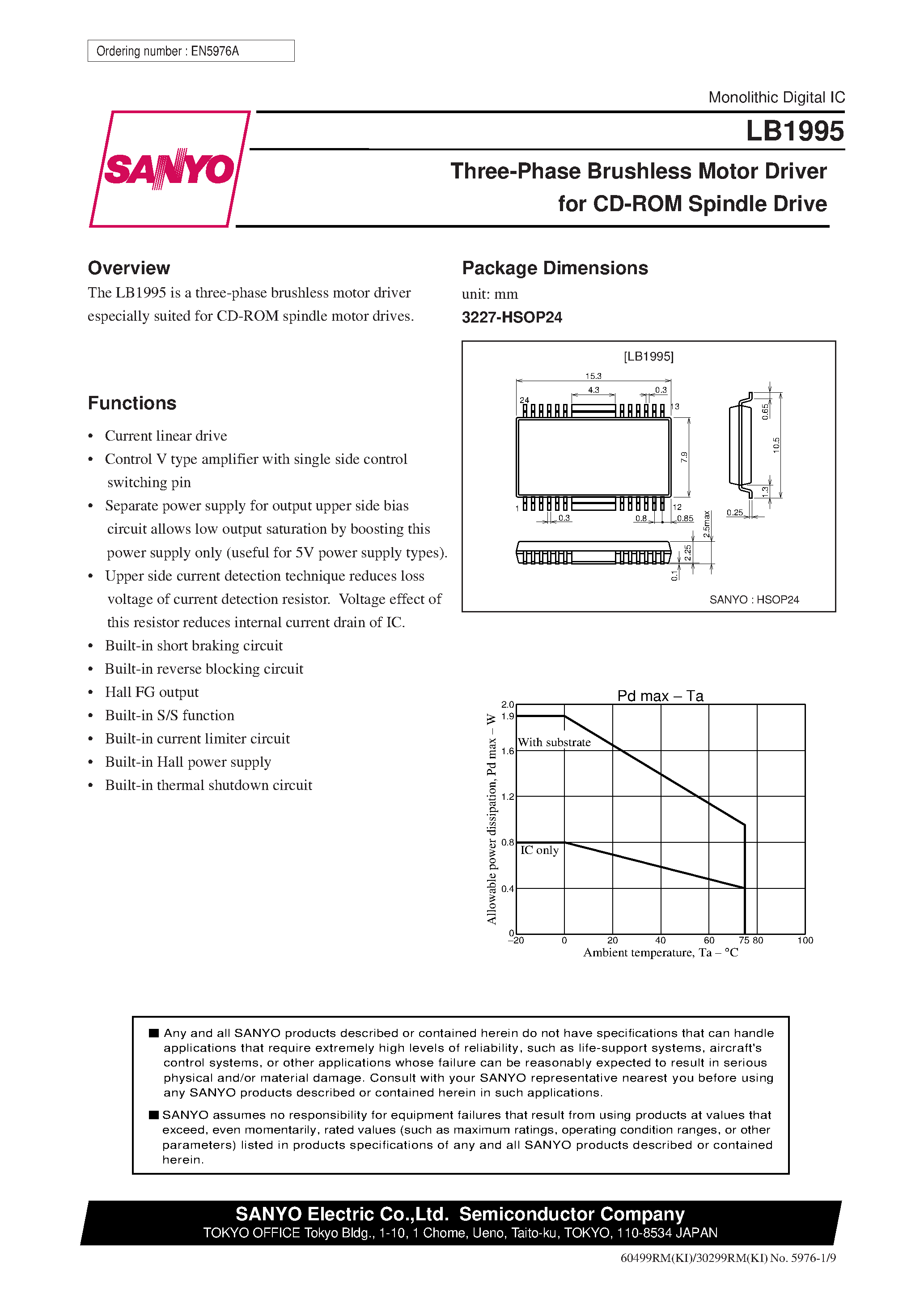 Datasheet LB1995 page 1 Datasheet LB1995 - Three-Phase Brushless Motor Driver for CD-ROM Spindle Drive page 1