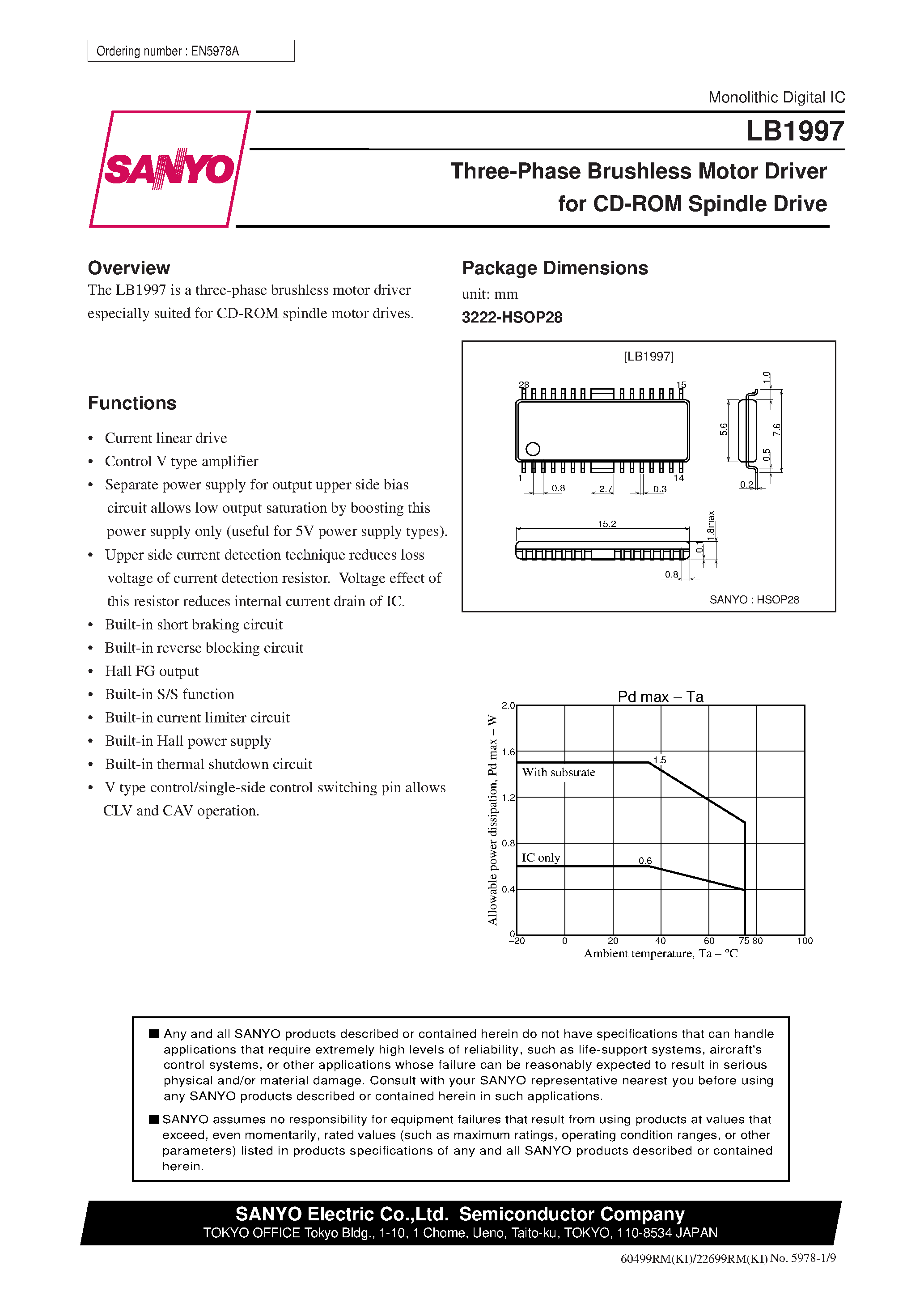 Datasheet LB1997 page 1 Datasheet LB1997 - Three-Phase Brushless Motor Driver for CD-ROM Spindle Drive page 1