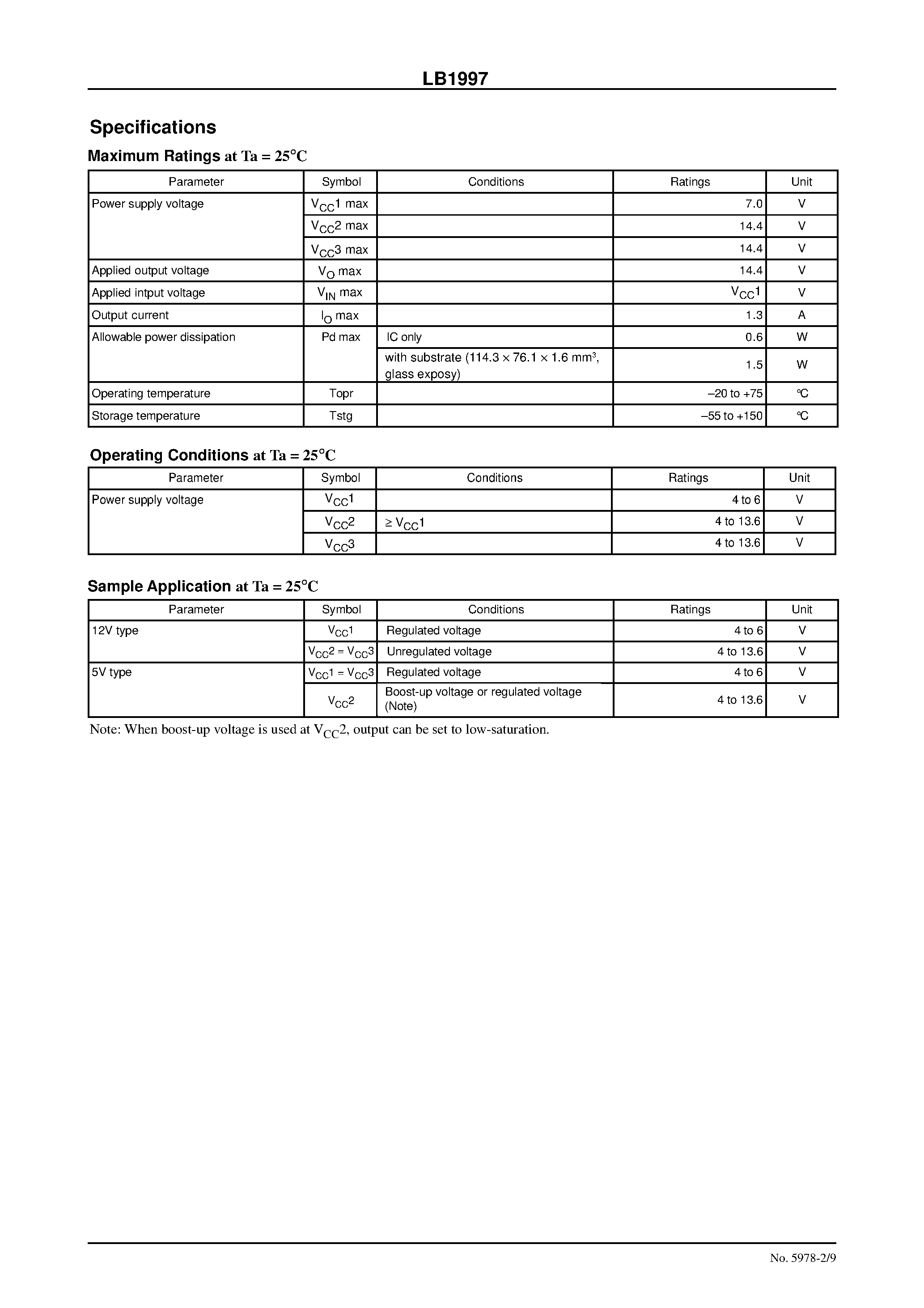 Datasheet LB1997 page 2 Datasheet LB1997 - Three-Phase Brushless Motor Driver for CD-ROM Spindle Drive page 2