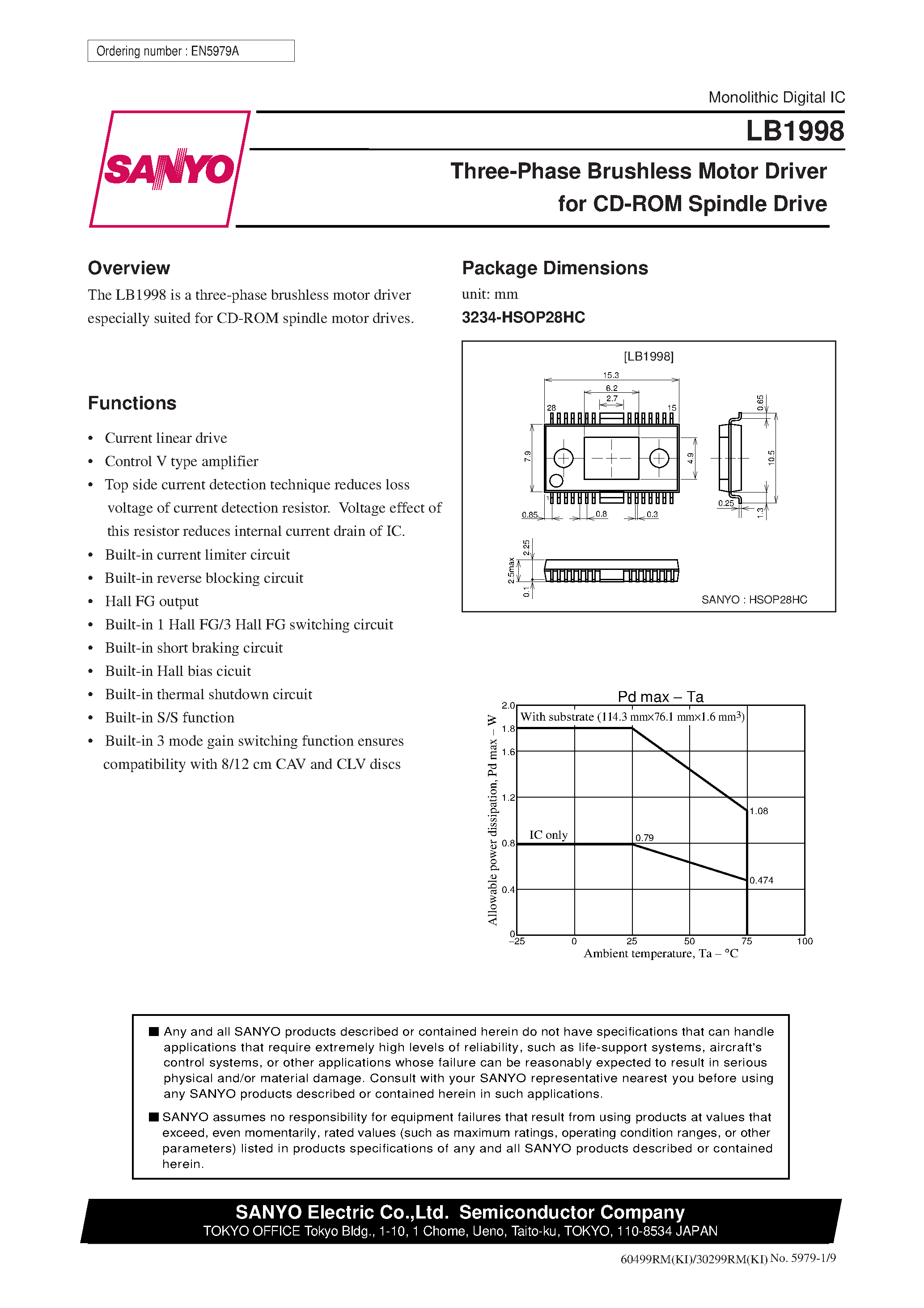 Datasheet LB1998 page 1 Datasheet LB1998 - Three-Phase Brushless Motor Driver for CD-ROM Spindle Drive page 1