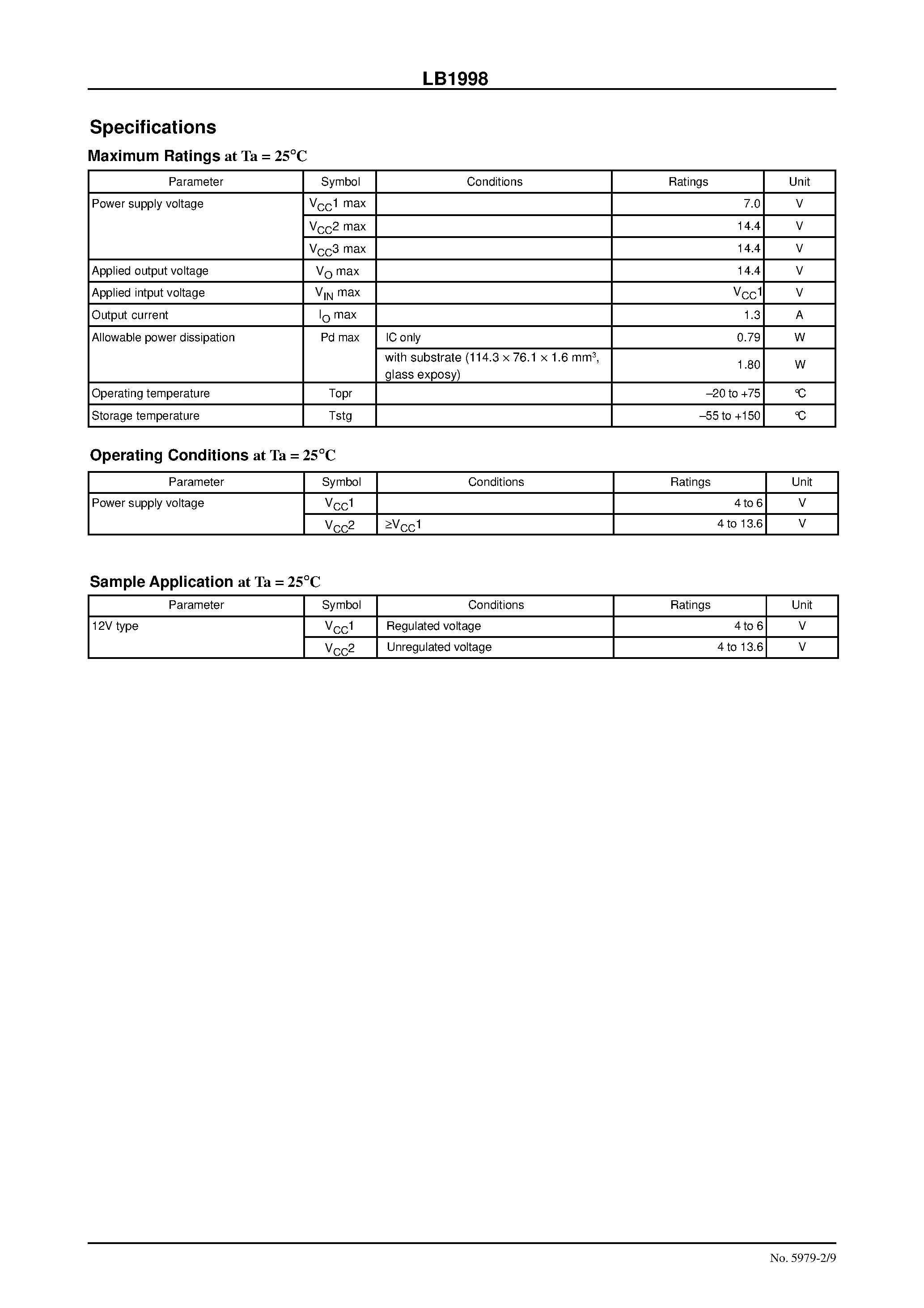 Datasheet LB1998 page 2 Datasheet LB1998 - Three-Phase Brushless Motor Driver for CD-ROM Spindle Drive page 2