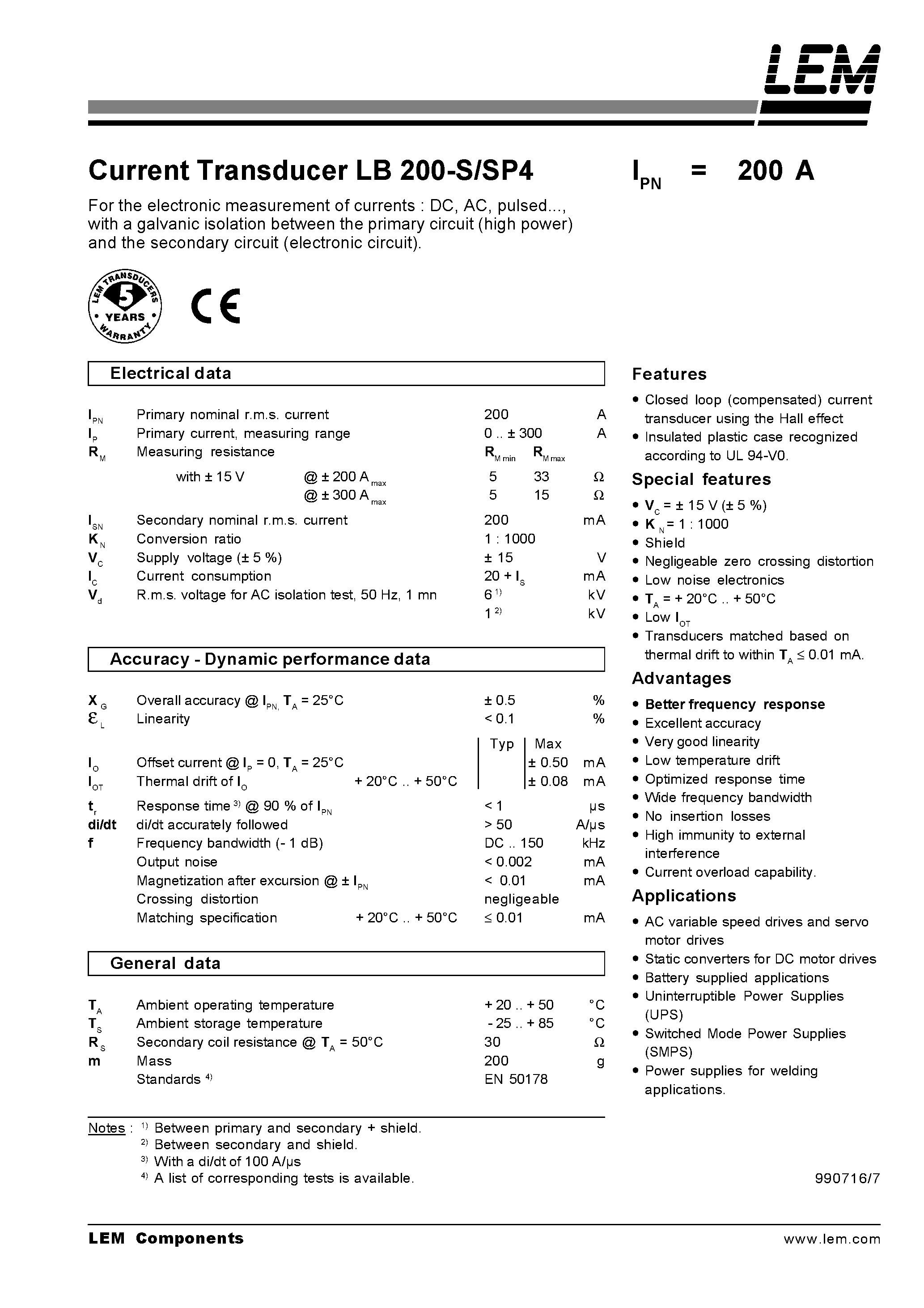 Даташит на микросхему LB200-S страница 1 Даташит LB200-S - Current Transducer LB 200-S/SP4 страница 1
