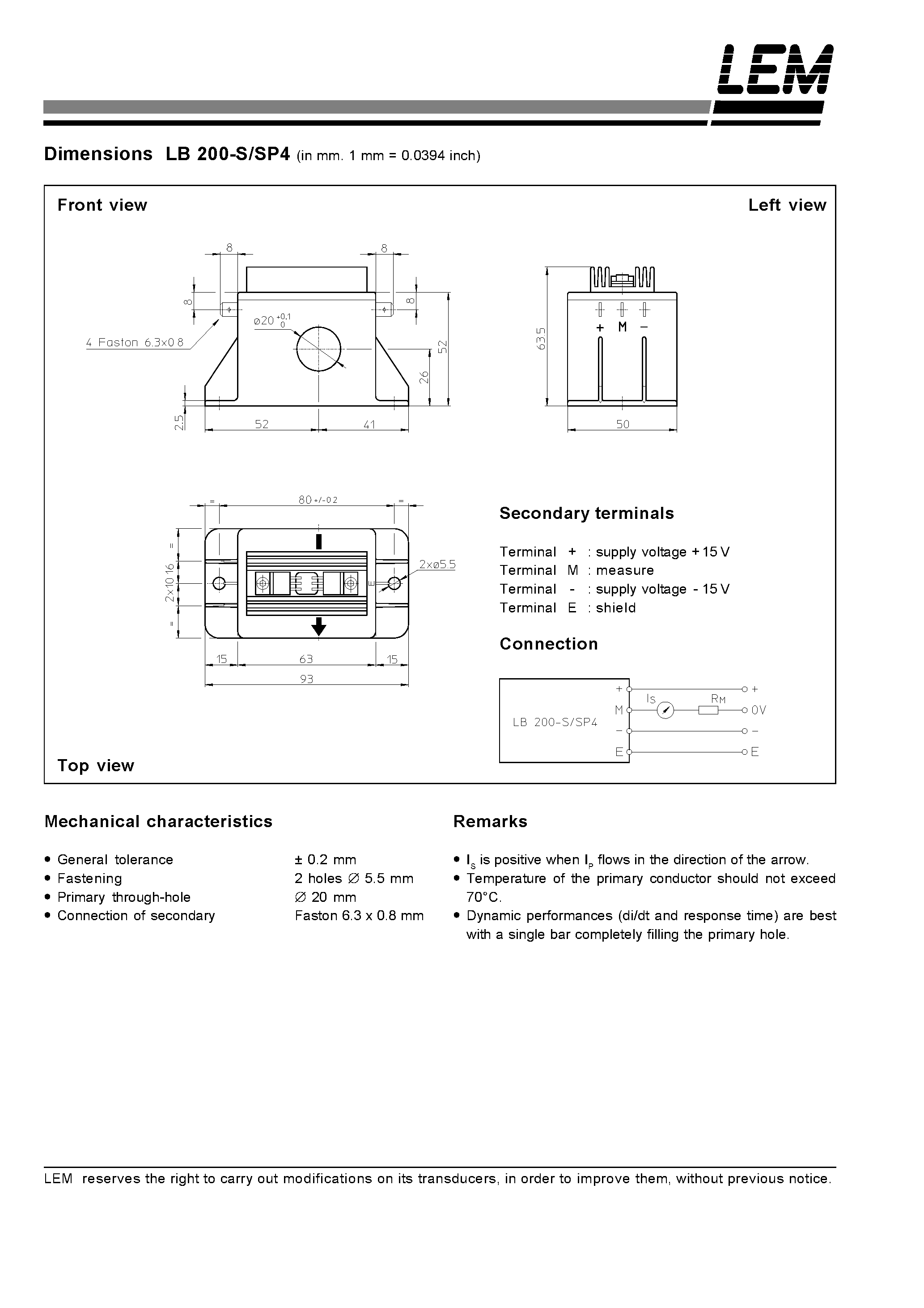 Даташит LB200-S - Current Transducer LB 200-S/SP4 страница 2