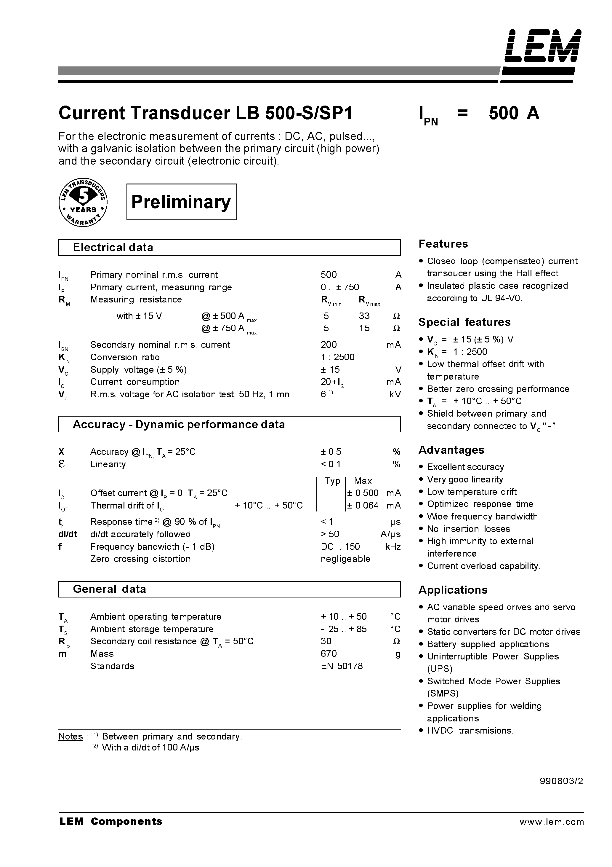 Даташит LB500-S - Current Transducer LB 500-S/SP1 страница 1