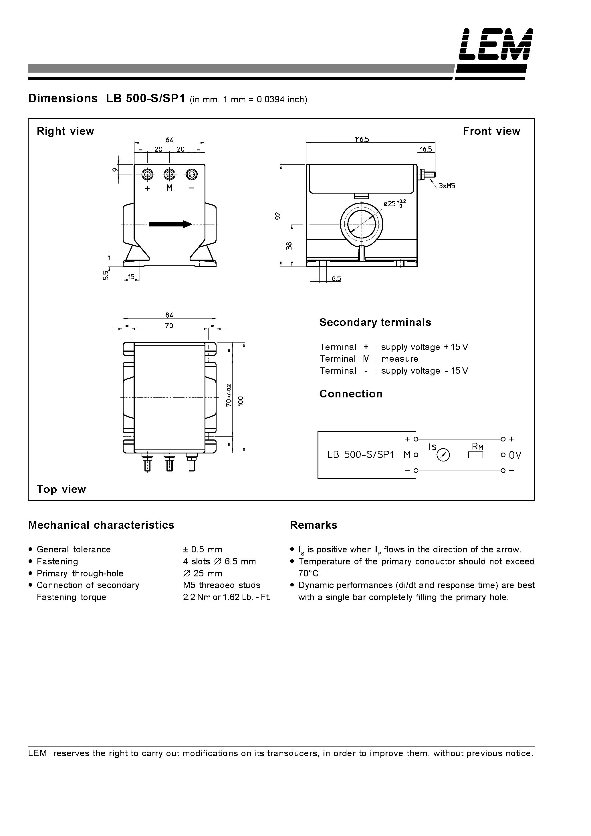 Даташит LB500-S - Current Transducer LB 500-S/SP1 страница 2