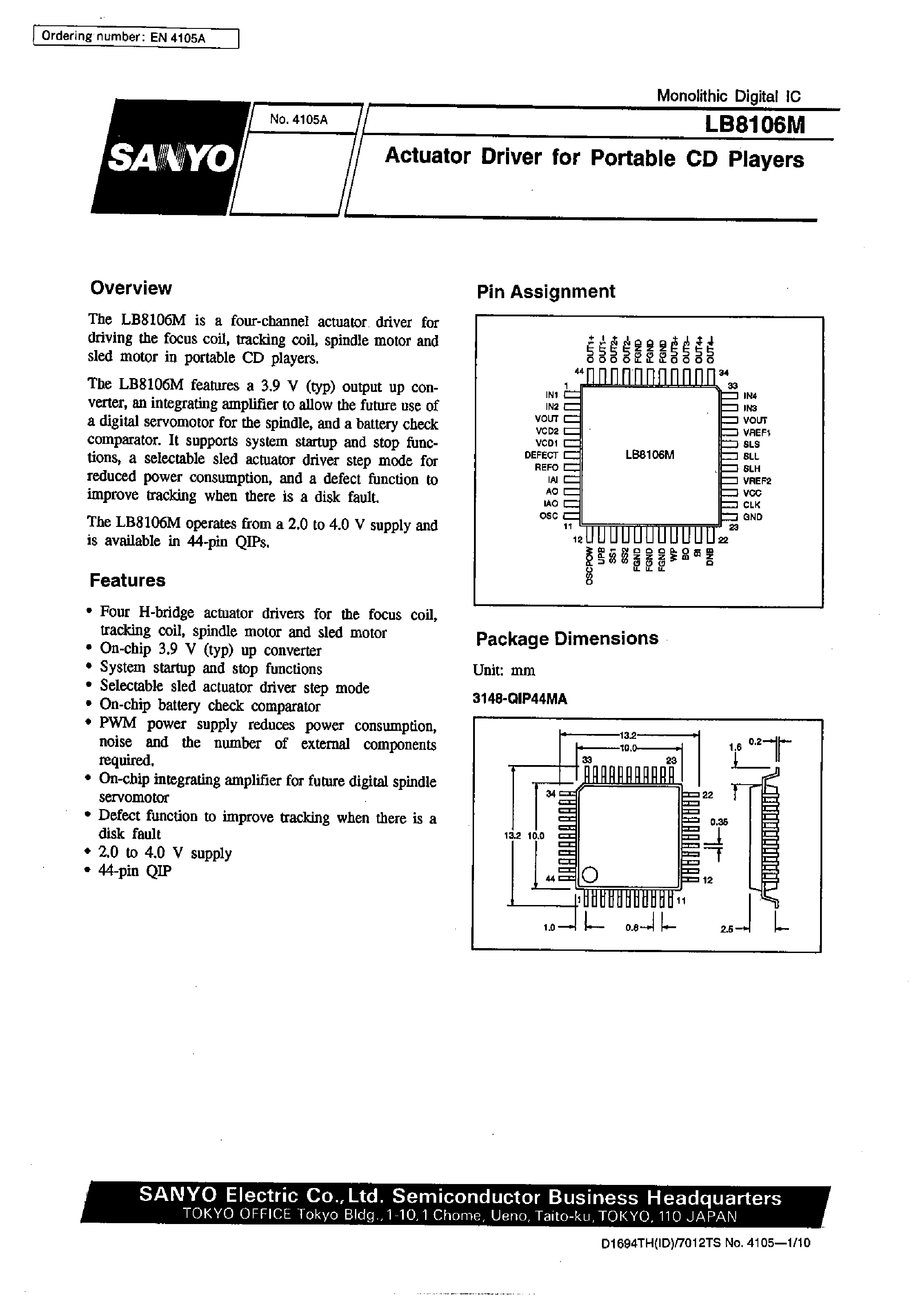 Даташит LB8106 - Actuator Driver for Portable CD Players страница 1