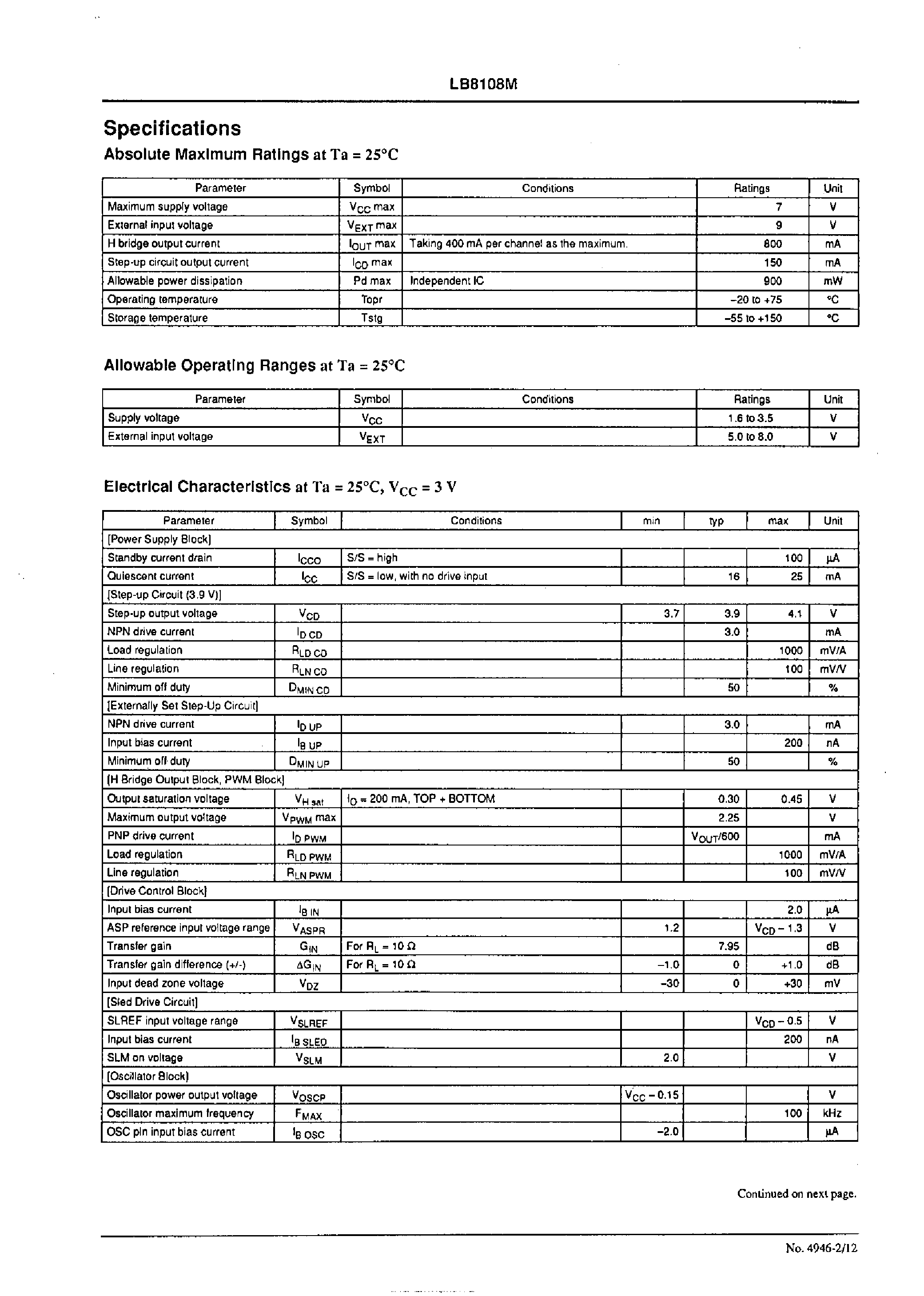 Даташит на микросхему LB8108 страница 2 Даташит LB8108 - Actuator Driver for Portable CD Players страница 2