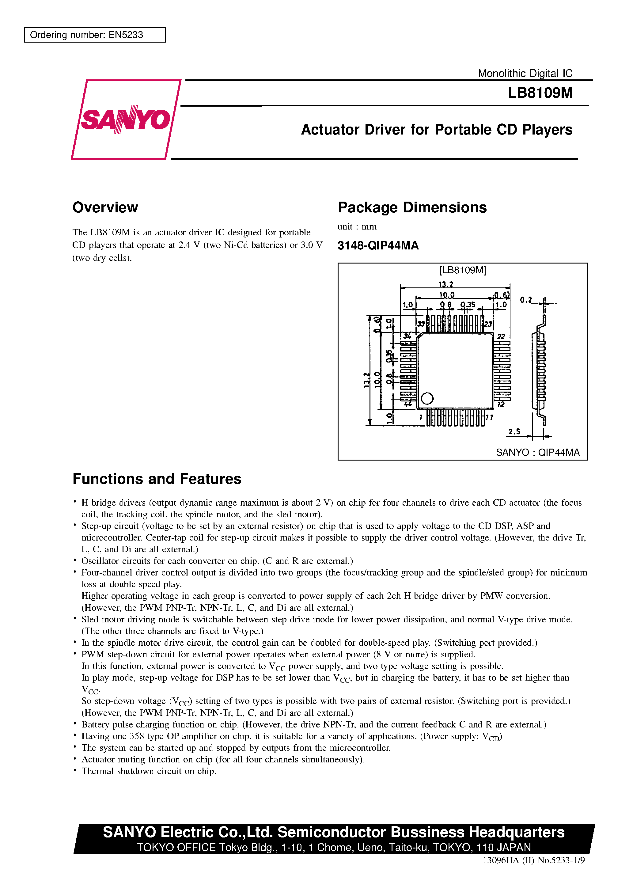 Даташит LB8109M - Actuator Driver for Portable CD Players страница 1