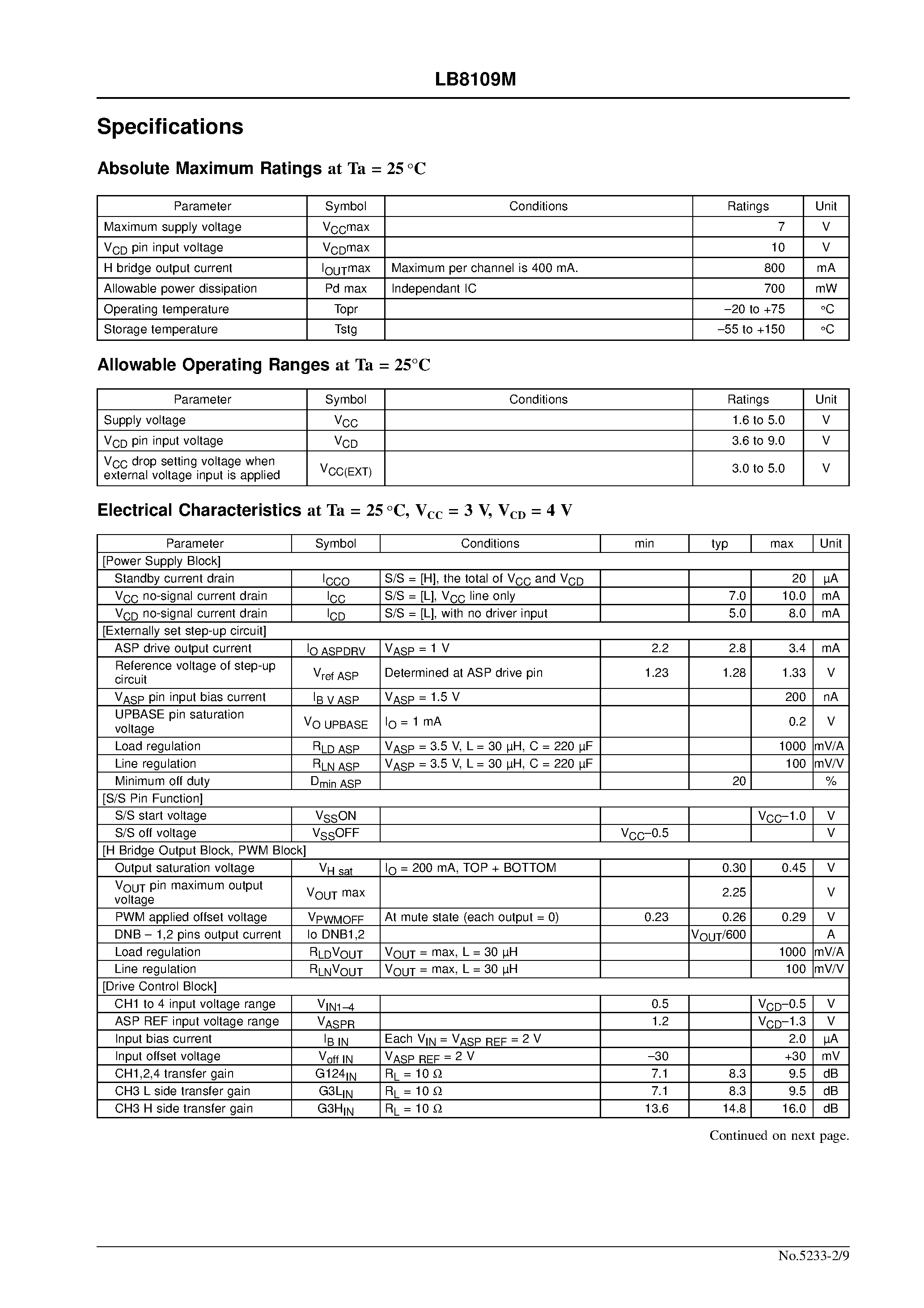 Даташит LB8109M - Actuator Driver for Portable CD Players страница 2