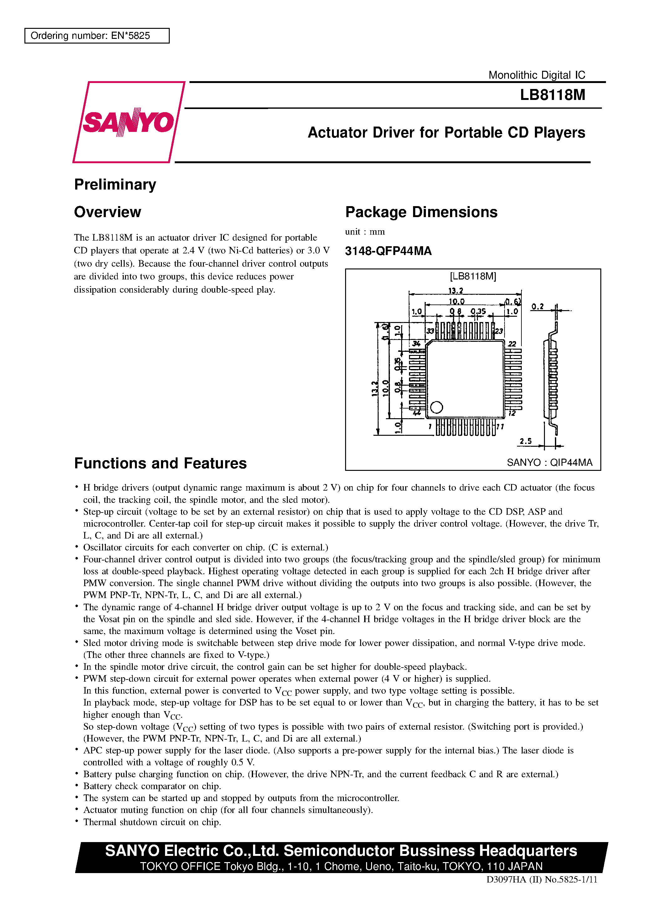 Даташит LB8118M - Actuator Driver for Portable CD Players страница 1