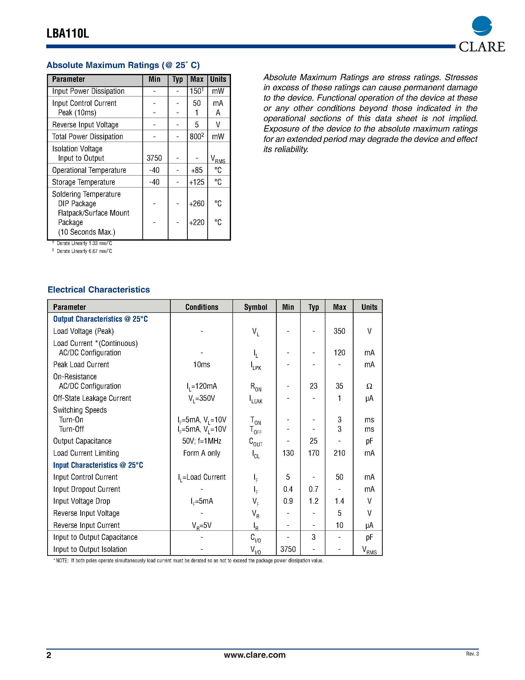 Даташит LBA110LS - DUAL POLE OptoMOS Relay страница 2