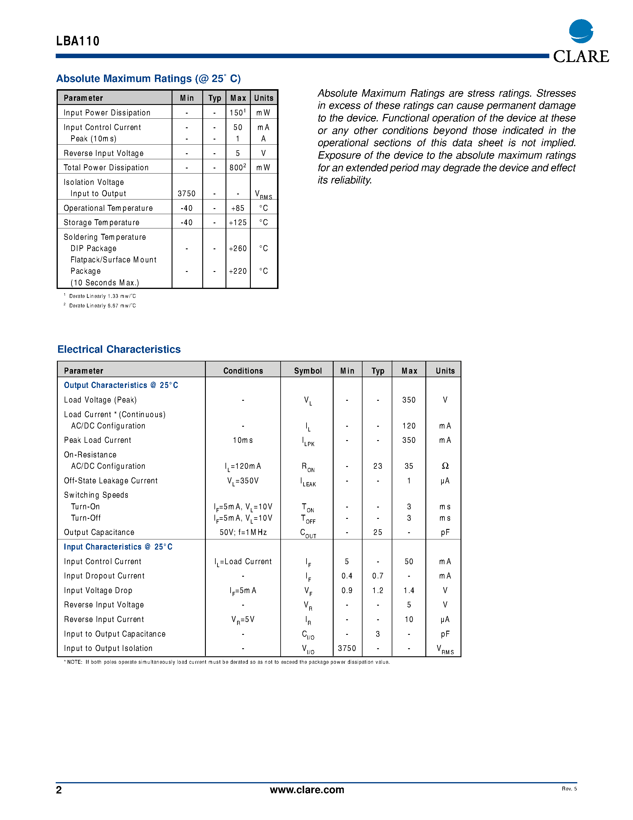 Даташит LBA110P - DUAL POLE OptoMOS Relay страница 2
