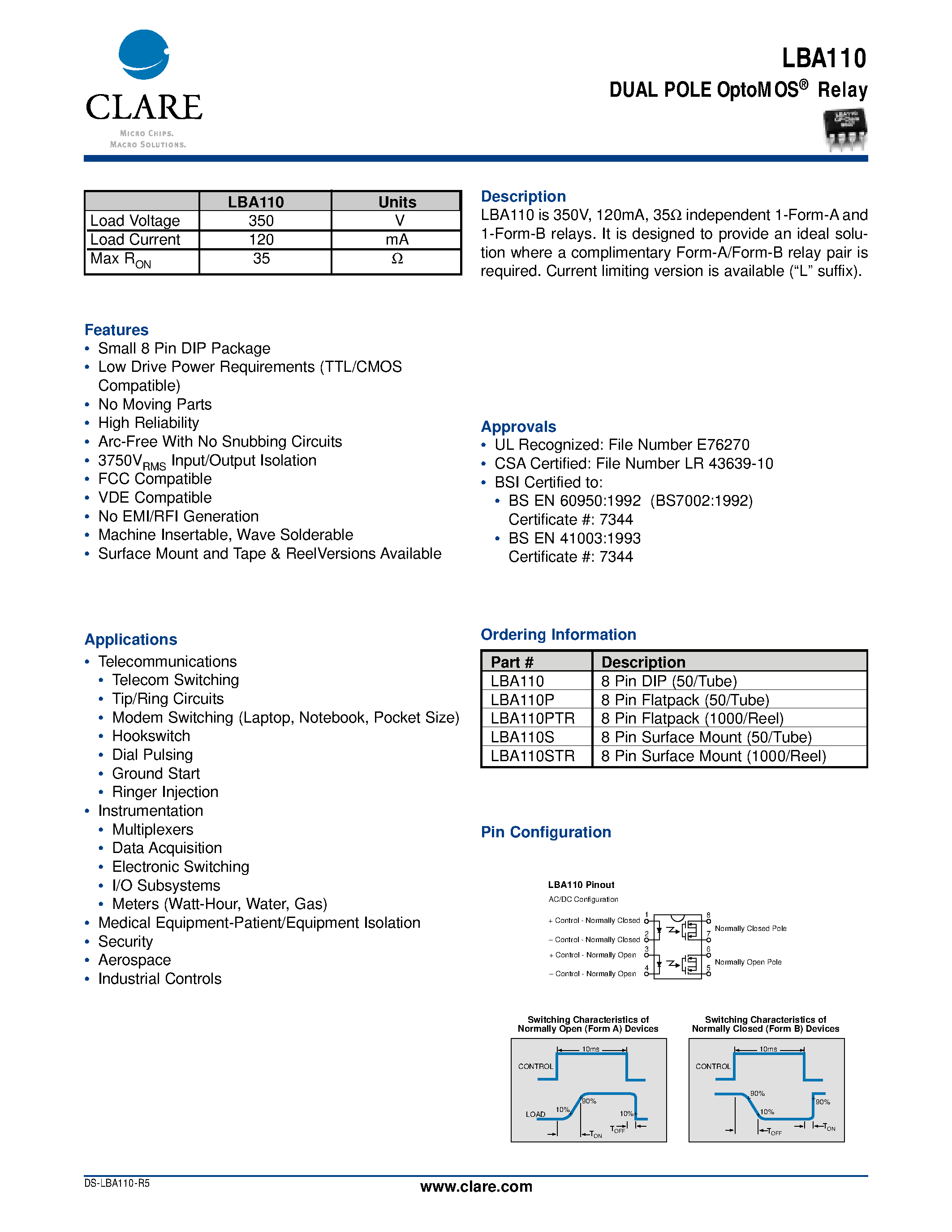 Даташит LBA110PTR - DUAL POLE OptoMOS Relay страница 1
