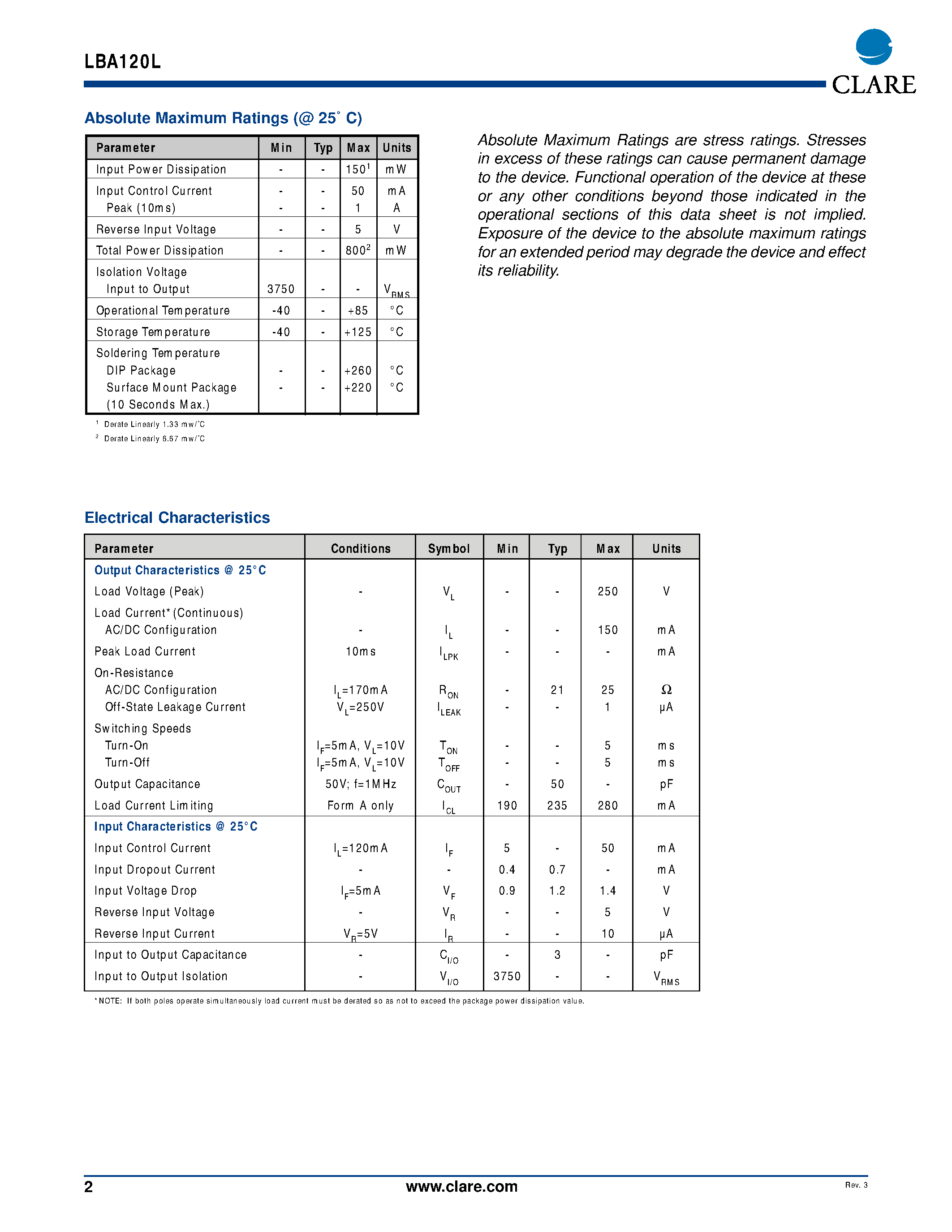 Даташит LBA120LS - Single Pole OptoMOS Relay страница 2