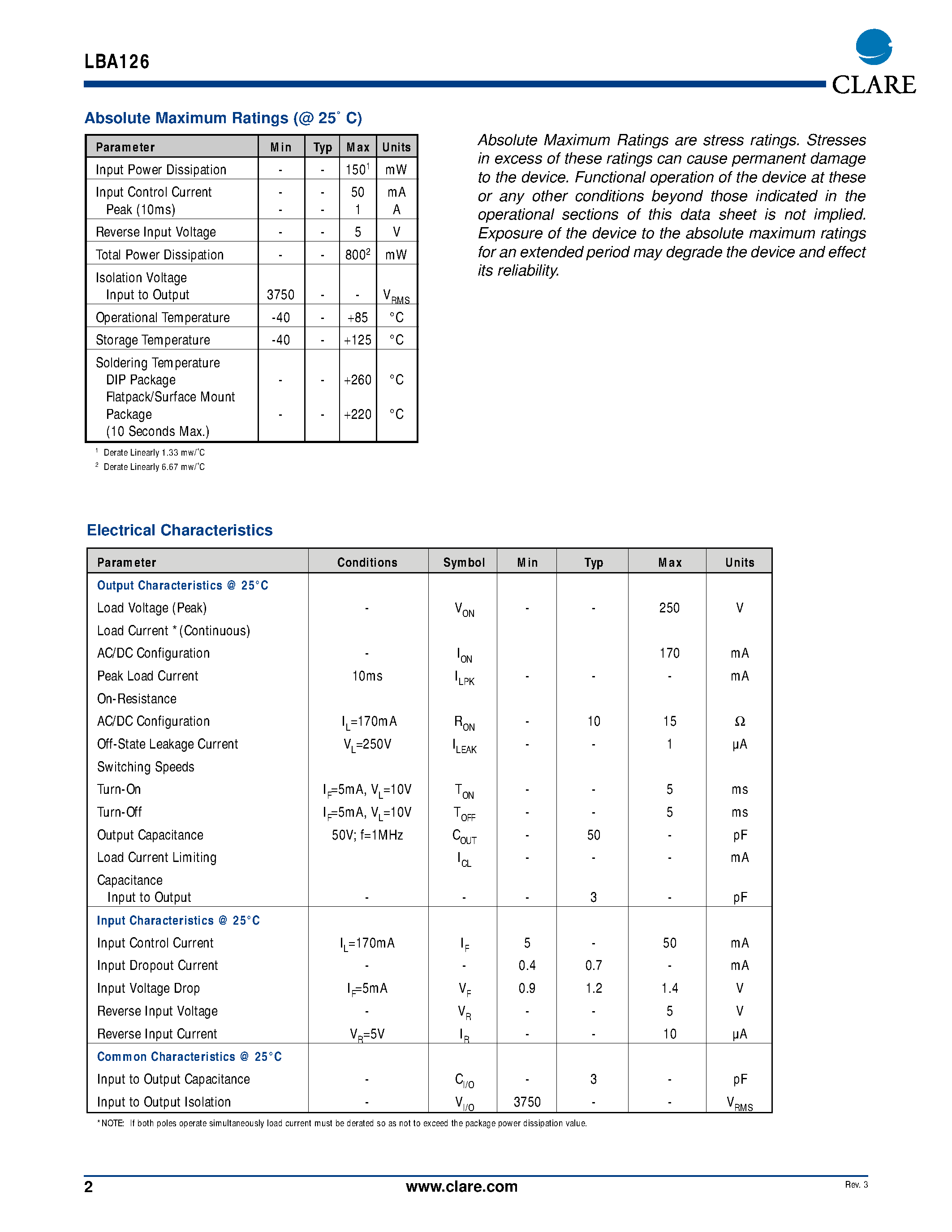 Даташит LBA126P - DUAL POLE OptoMOS Relay страница 2