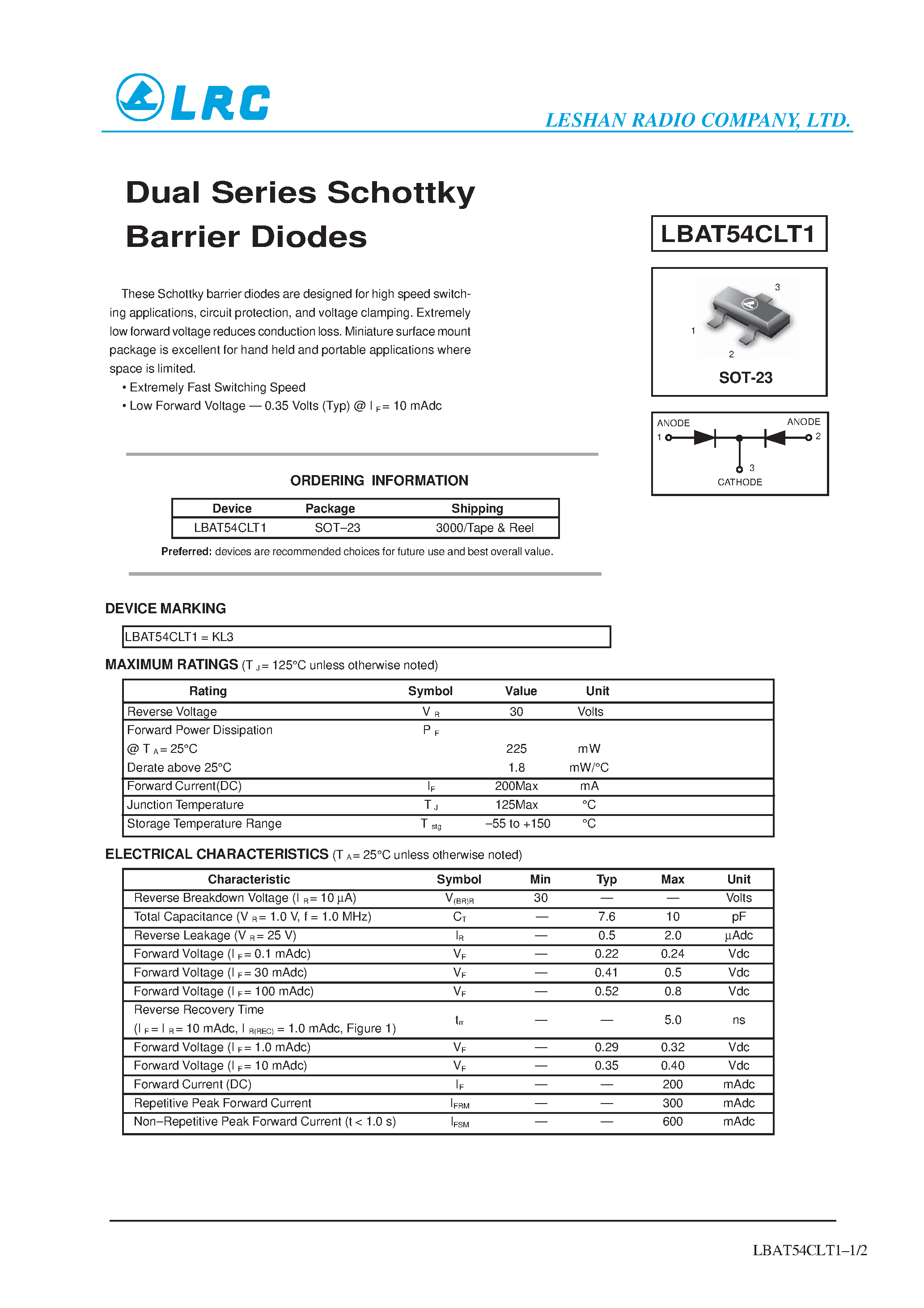 Даташит LBAT54CLT1 - Dual Series Schottky Barrier Diodes страница 1