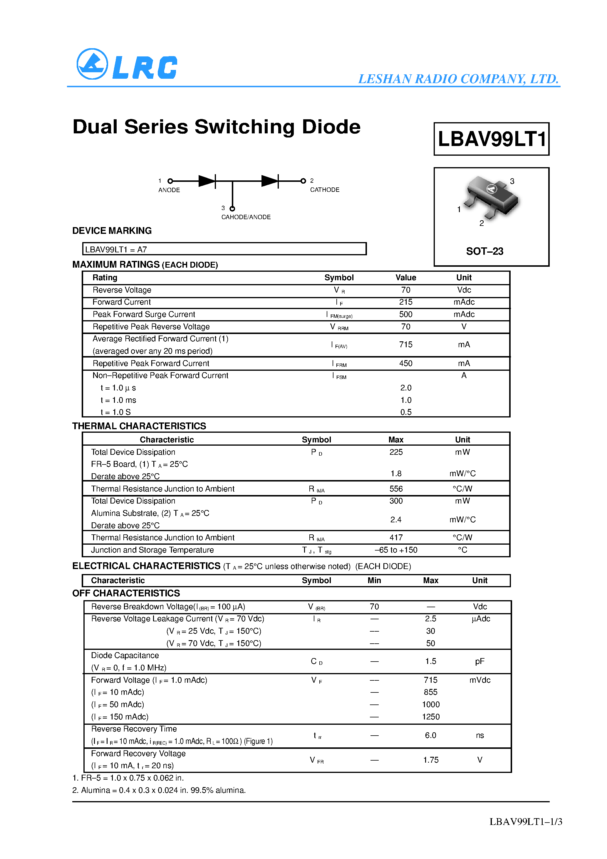 Datasheet LBAV99LT1 page 1 Datasheet LBAV99LT1 - Dual Series Switching Diode page 1