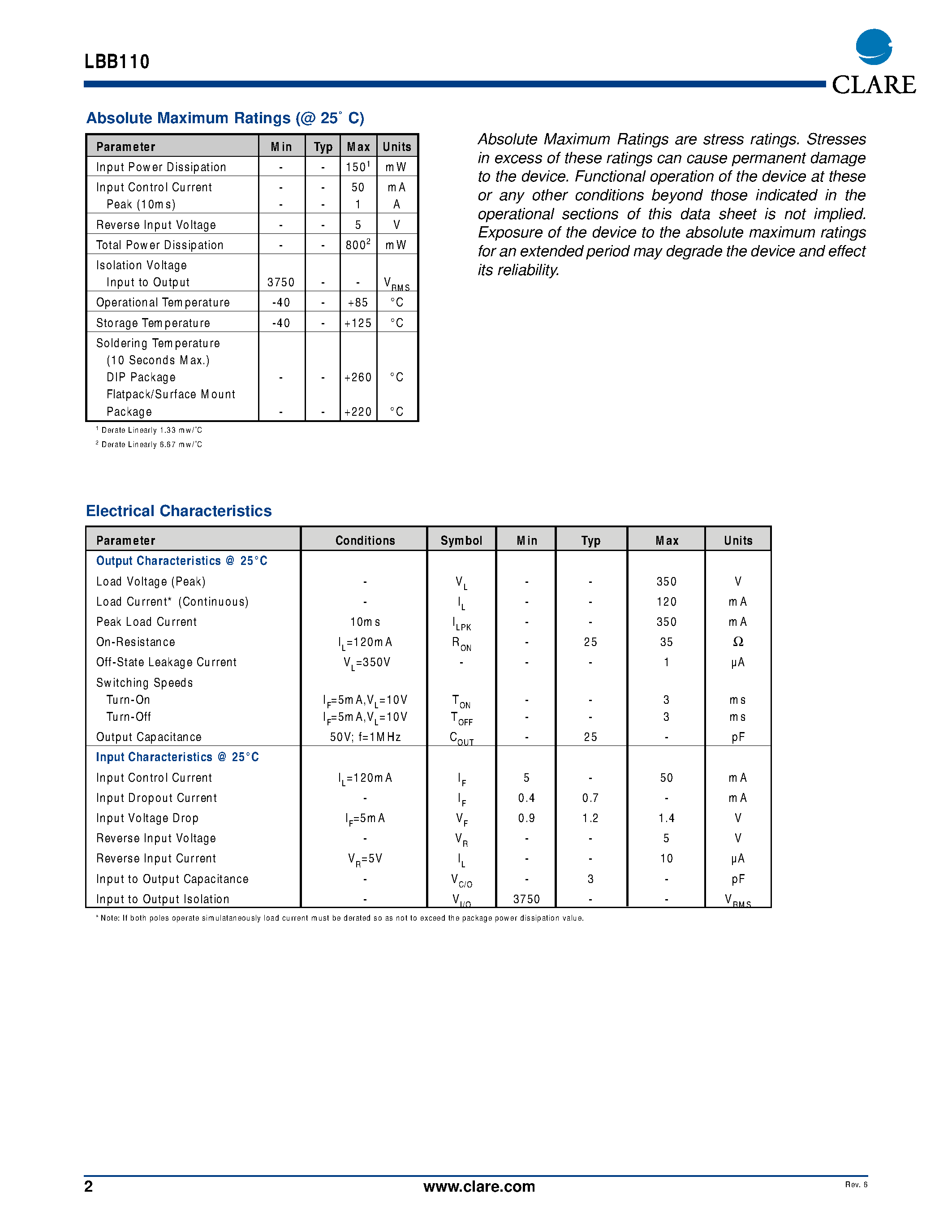 Даташит LBB110S - DUAL POLE OptoMOS Relay страница 2