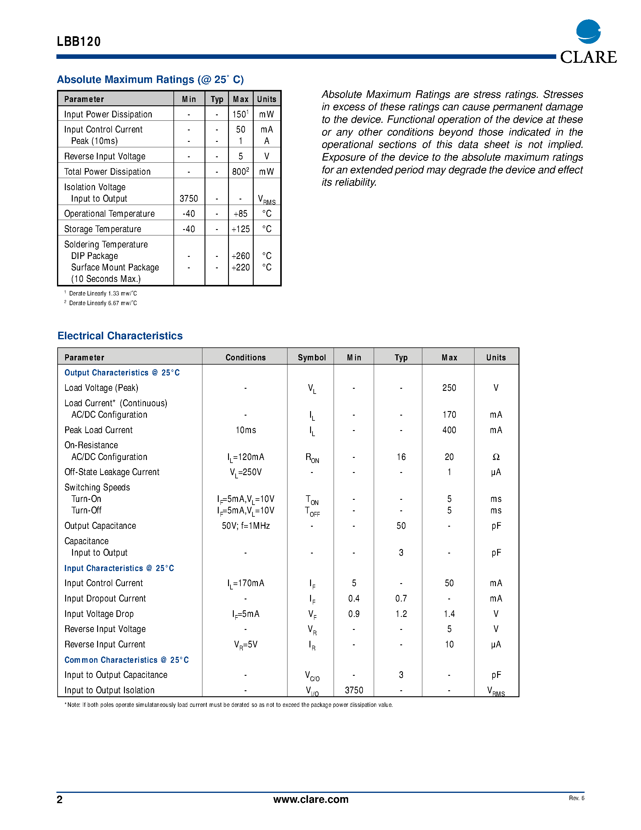 Datasheet LBB120 - DUAL POLE OptoMOS Relay page 2