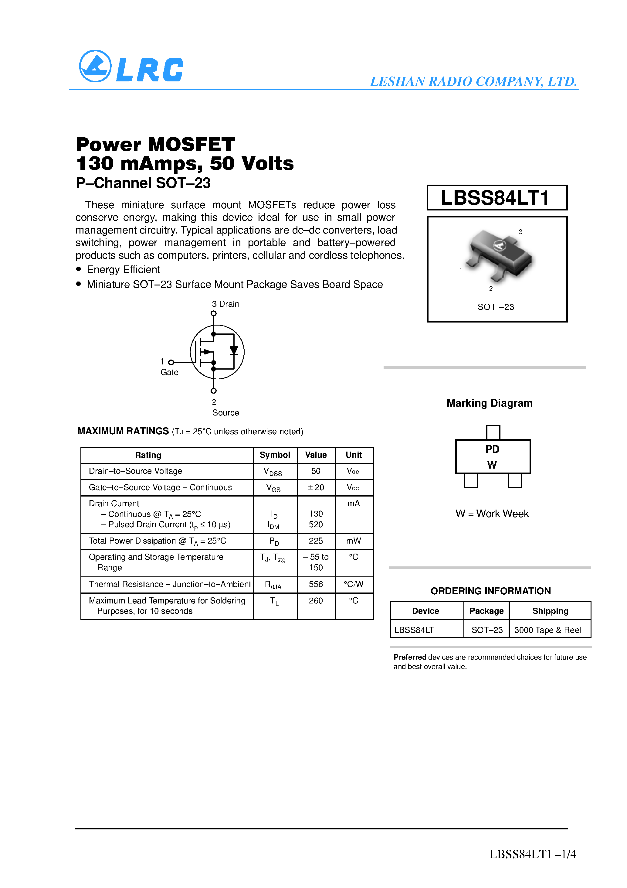 Datasheet LBSS84LT page 1 Datasheet LBSS84LT - Power MOSFET 130m Amps / 50 Volts (P-Channel SOT -23) page 1