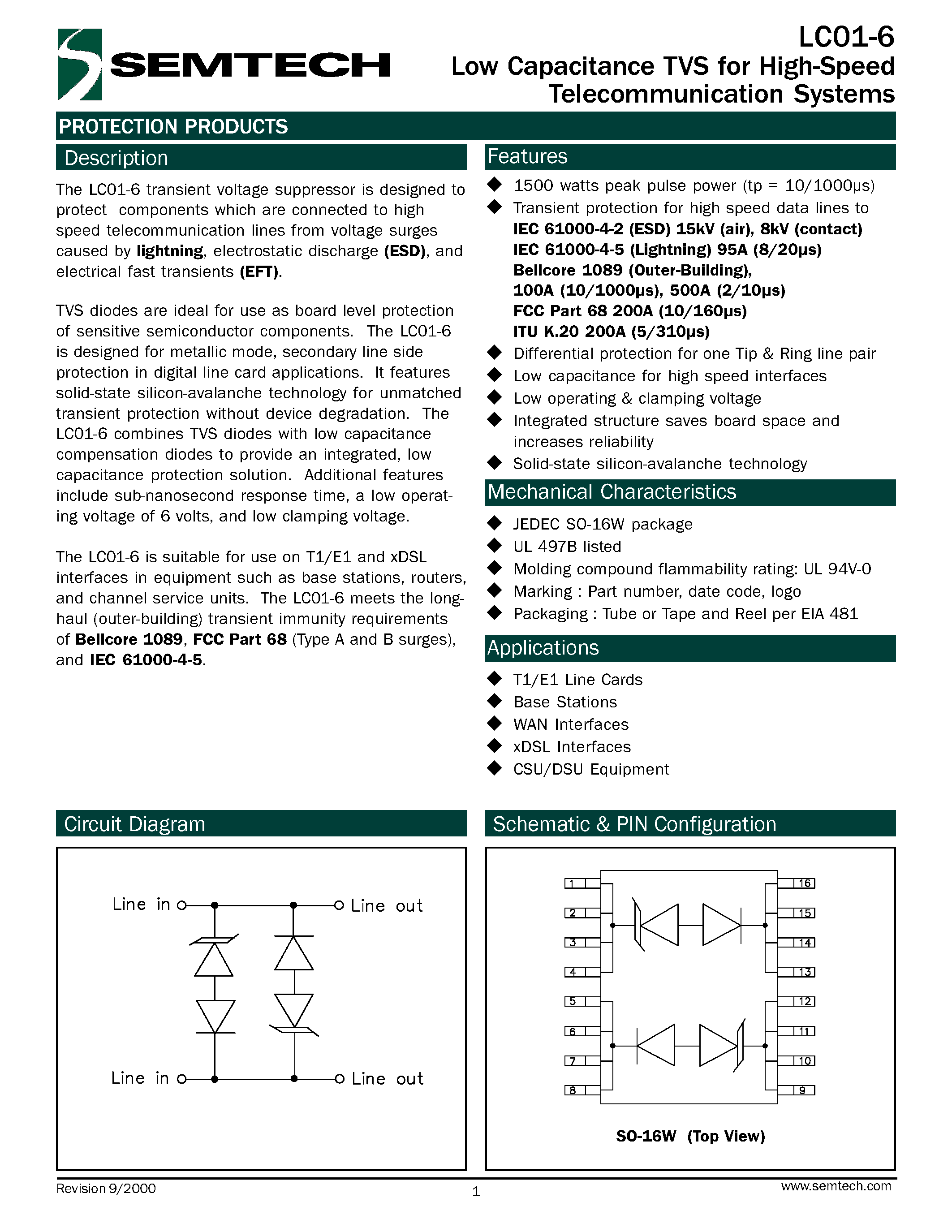Datasheet LC01-6 - Low Capacitance TVS for High-Speed Telecommunication Systems page 1