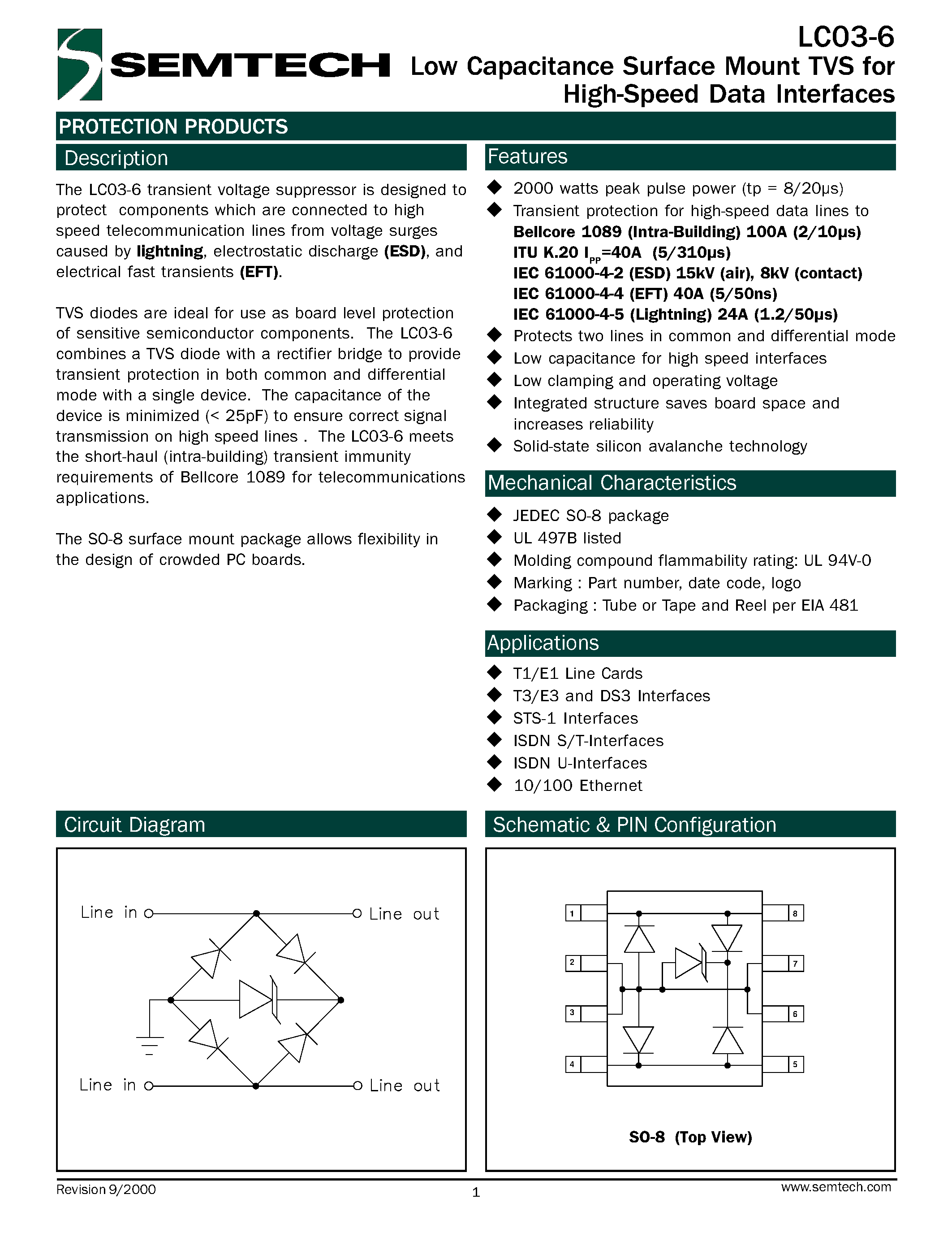 Datasheet LC03-6 page 1 Datasheet LC03-6 - Low Capacitance Surface Mount TVS for High-Speed Data Interfaces page 1