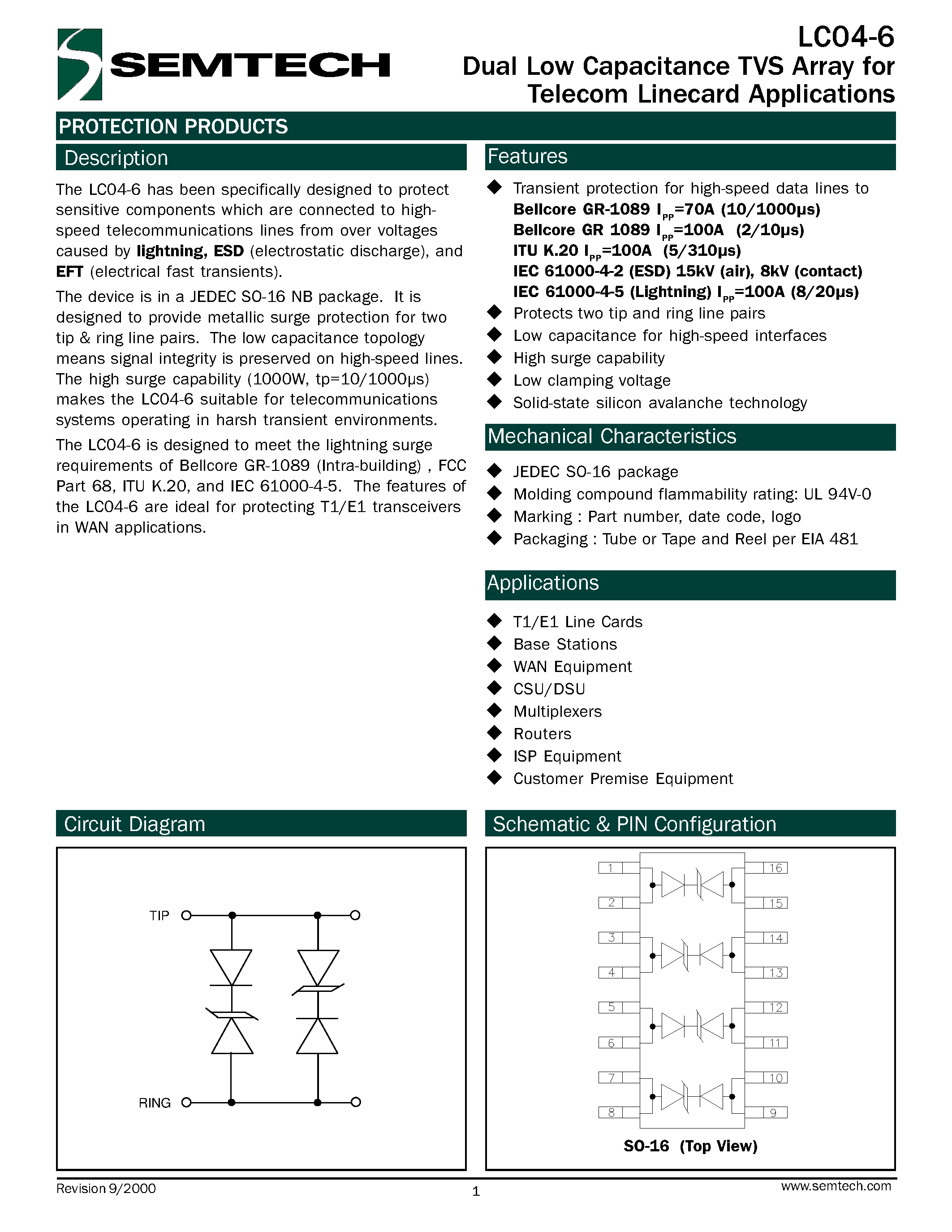 Datasheet LC04-6 - Dual Low Capacitance TVS Array for Telecom LineCard Applications page 1