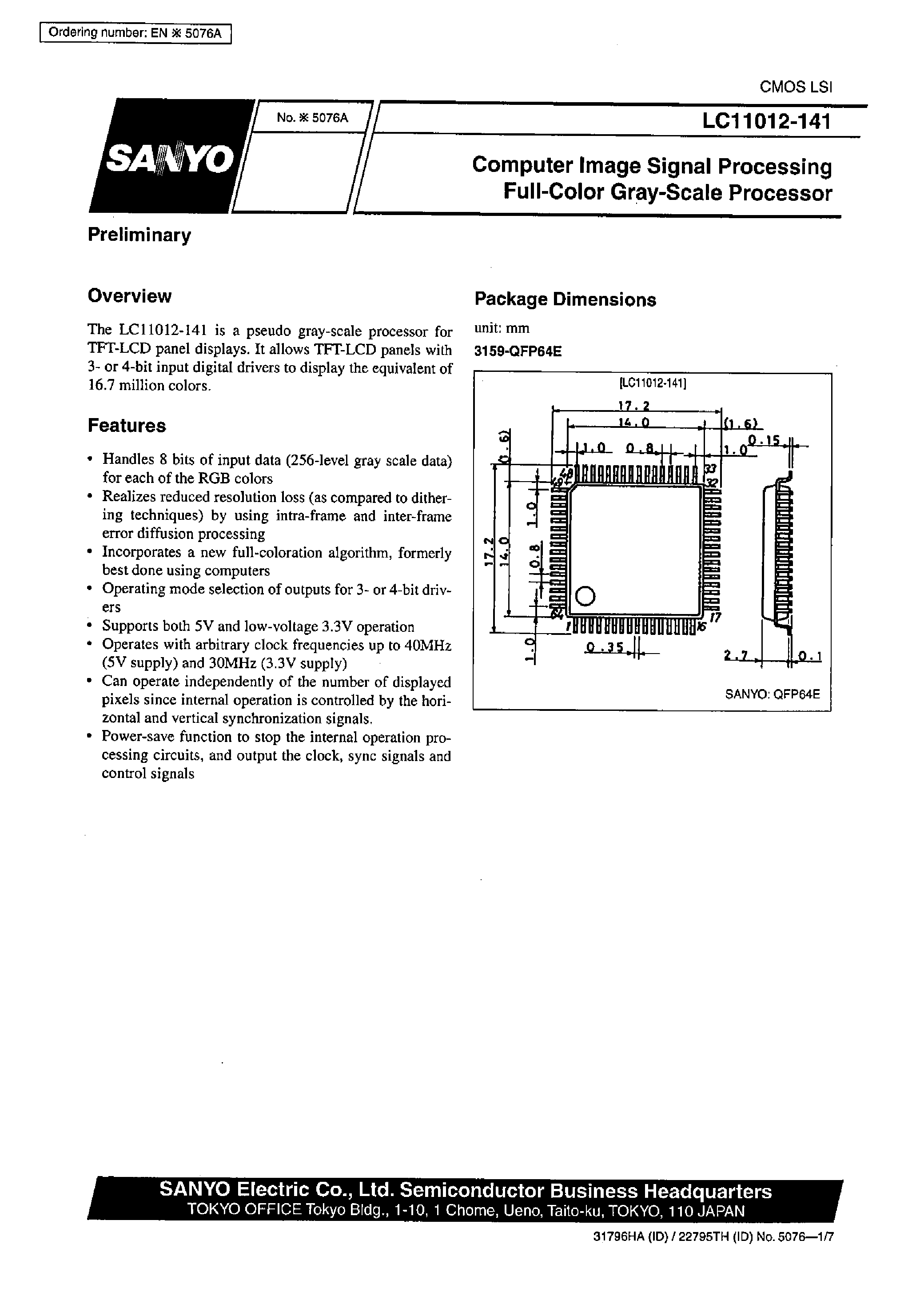 Даташит на микросхему LC11012-141 страница 1 Даташит LC11012-141 - Computer Image Signal Processing Full-Color Gray-Scale Processor страница 1