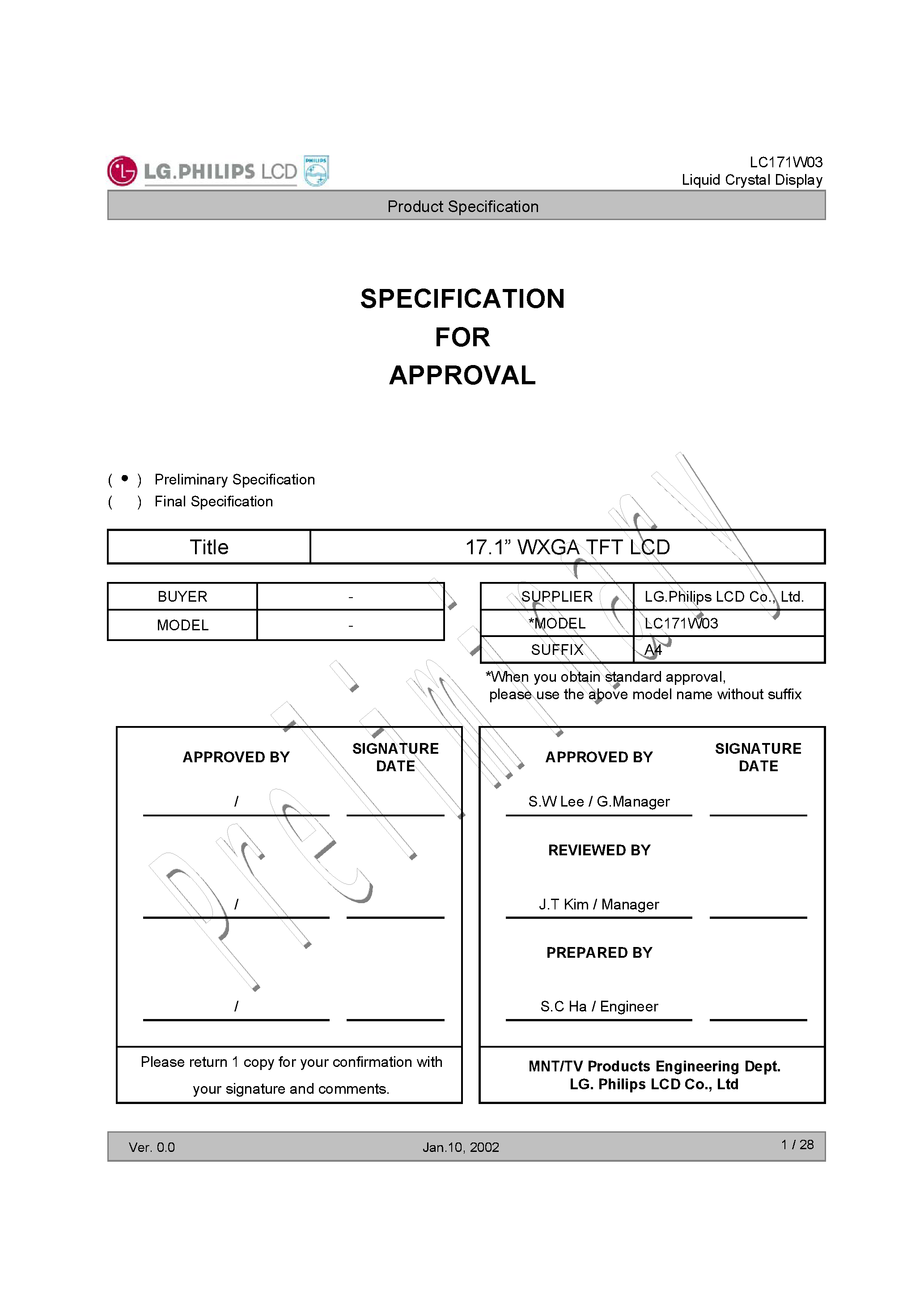 Datasheet LC171W03-A4 page 1 Datasheet LC171W03-A4 - SPECIFICATION FOR APPROVAL page 1
