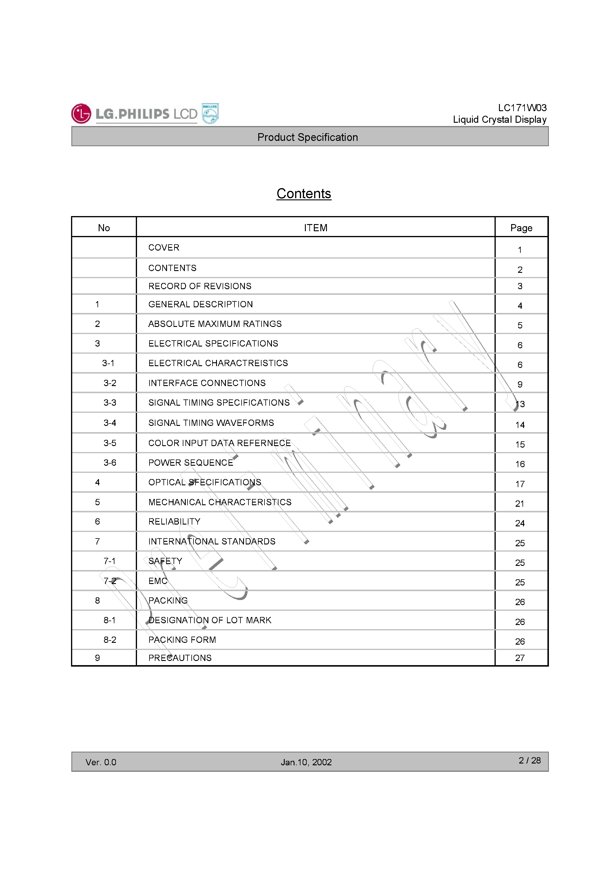 Datasheet LC171W03-A4 page 2 Datasheet LC171W03-A4 - SPECIFICATION FOR APPROVAL page 2