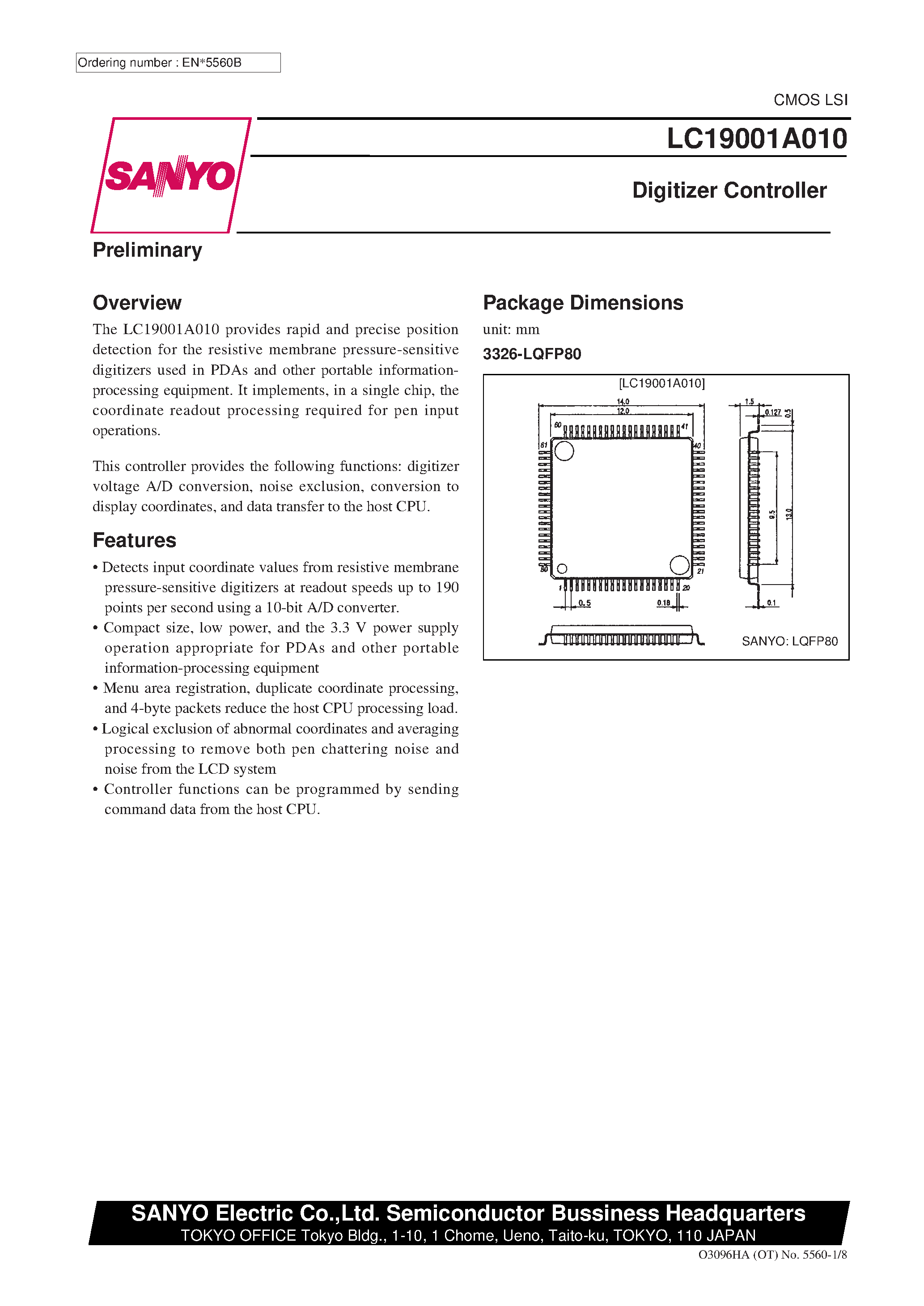 Даташит на микросхему LC19001A010 страница 1 Даташит LC19001A010 - Digitizer Controller страница 1