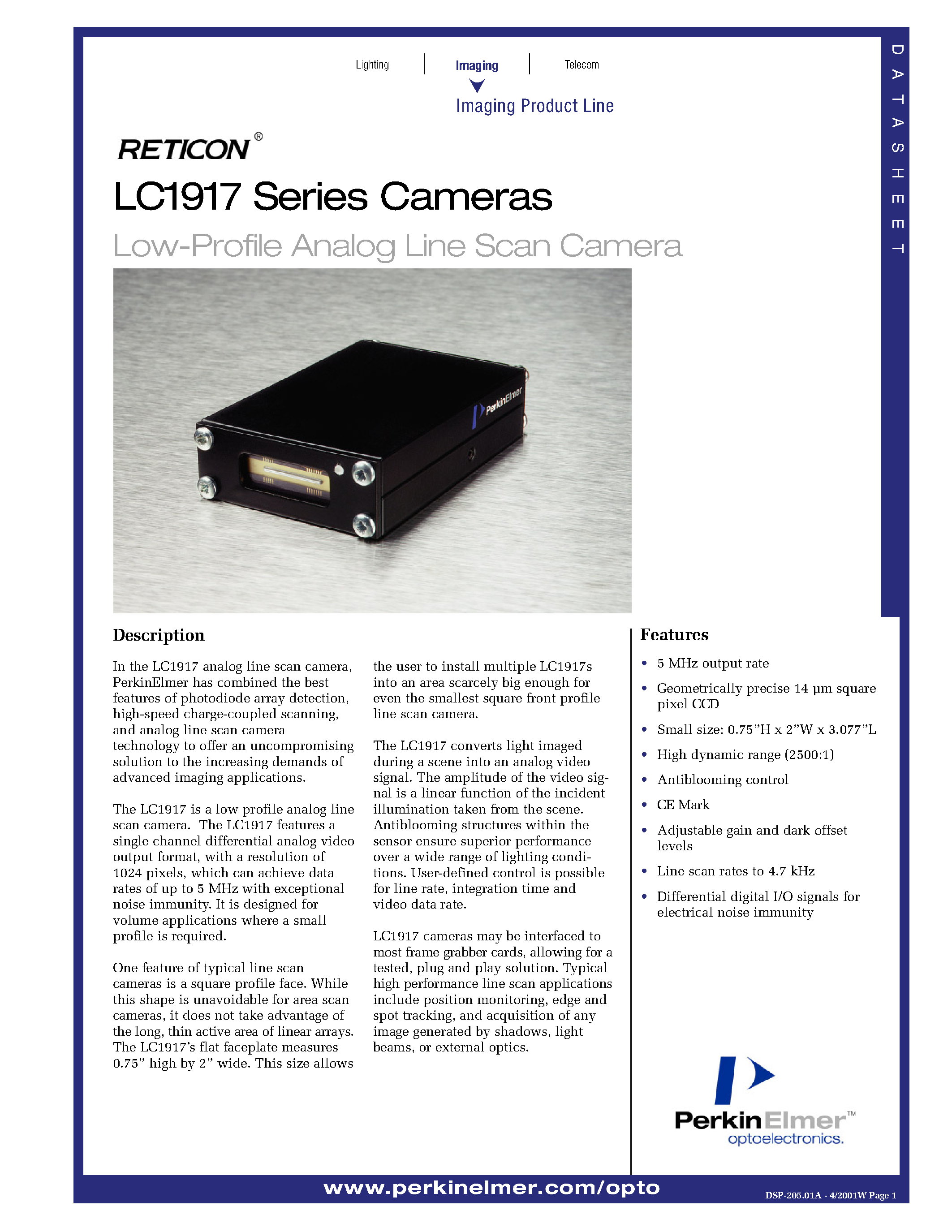 Даташит LC1917 - Low-Profile Analog Line Scan Camera страница 1
