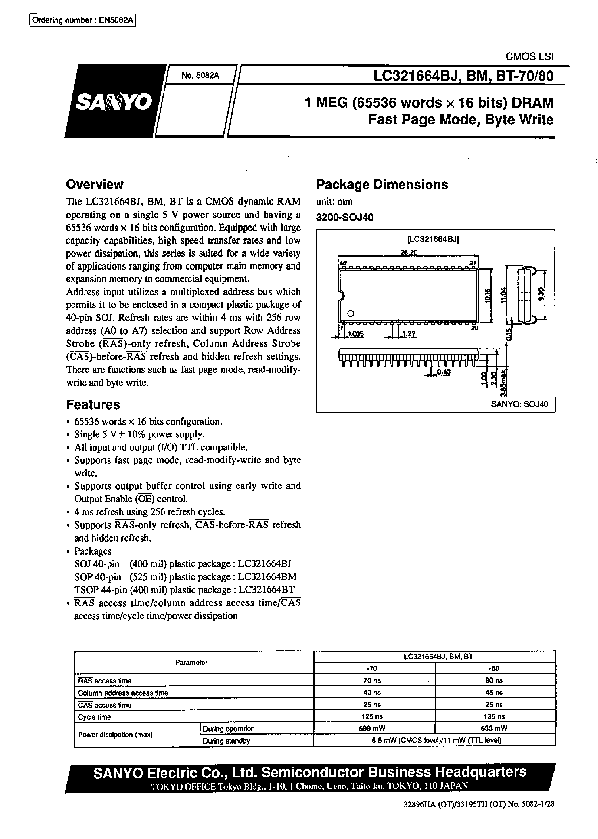 Даташит LC321664BT-80 - 1 MEG (65536 words X 16 bits) DRAM Fast Page Mode / Byte Write страница 1