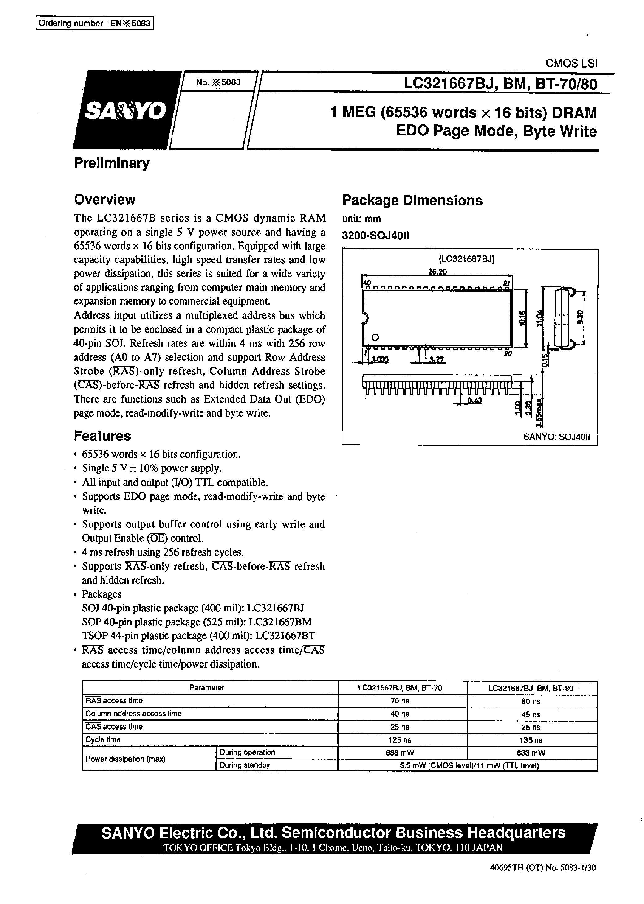 Даташит LC321667BM - 1 MEG (65536 words X 16 bits) DRAM EDO Page Mode / Byte Write страница 1