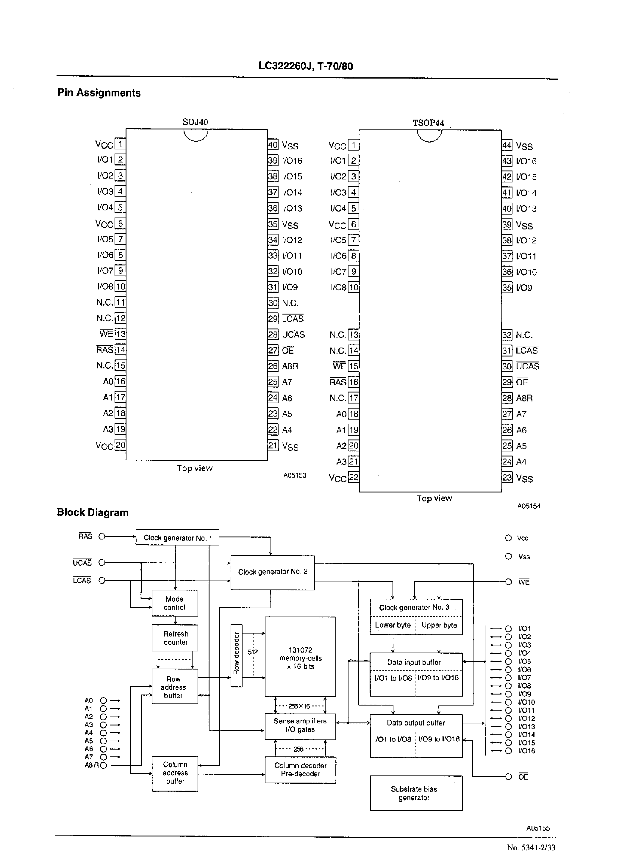 Datasheet LC322260J page 2 Datasheet LC322260J - 2 MEG (131072 words X 16 bits) DRAM Fast Page Mode / Byte Read/Write page 2