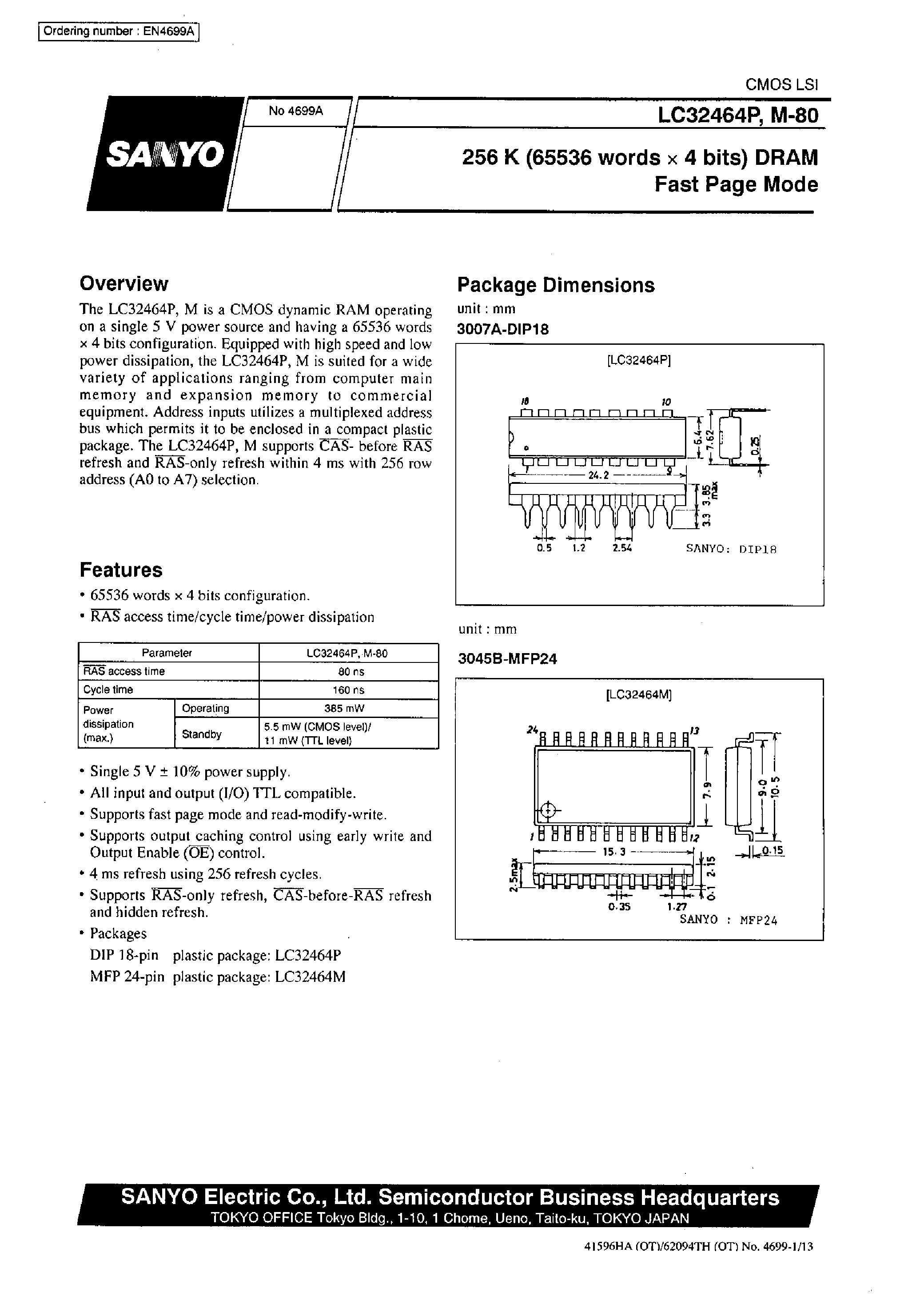 Datasheet LC32464P - 256K (65536 words X 4 bits) DRAM Fast Page Mode page 1