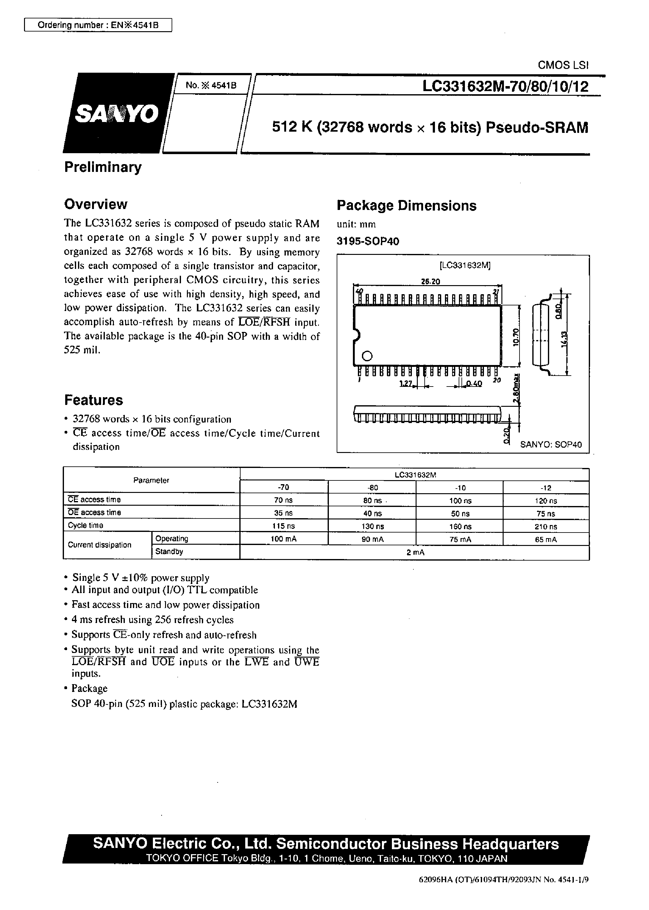 Даташит LC331632M-70 - 512K (32768 words X 16 bits) Pseudo-SRAM страница 1