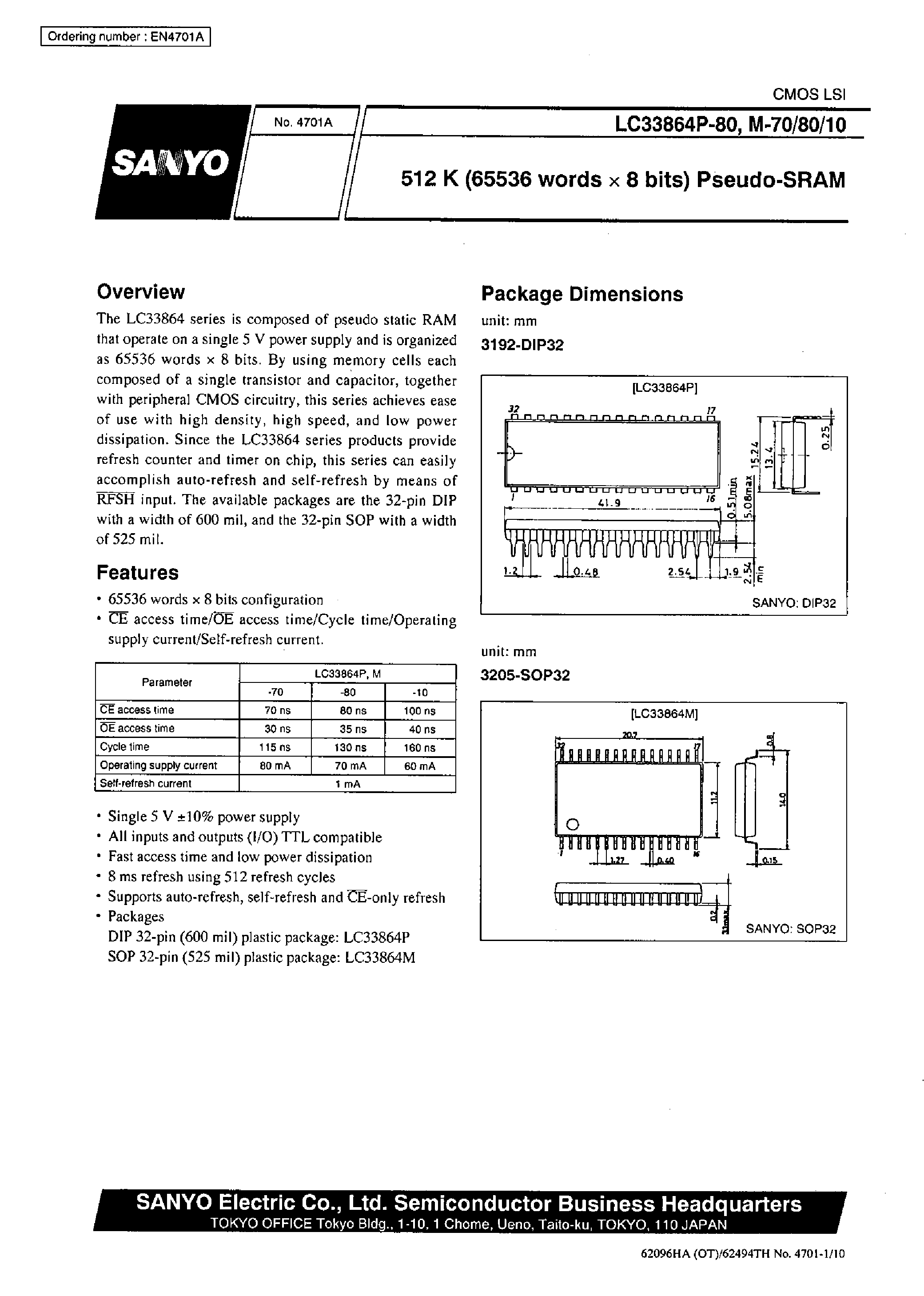 Даташит LC33864PM-70 - 512K (65536 words X 8 bits) Pseudo-SRAM страница 1