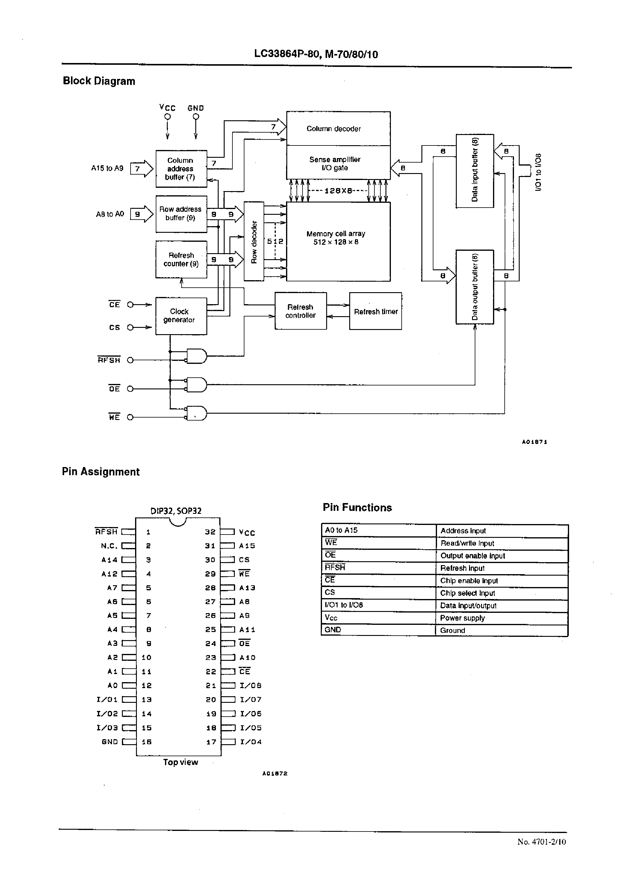 Даташит LC33864PM-70 - 512K (65536 words X 8 bits) Pseudo-SRAM страница 2