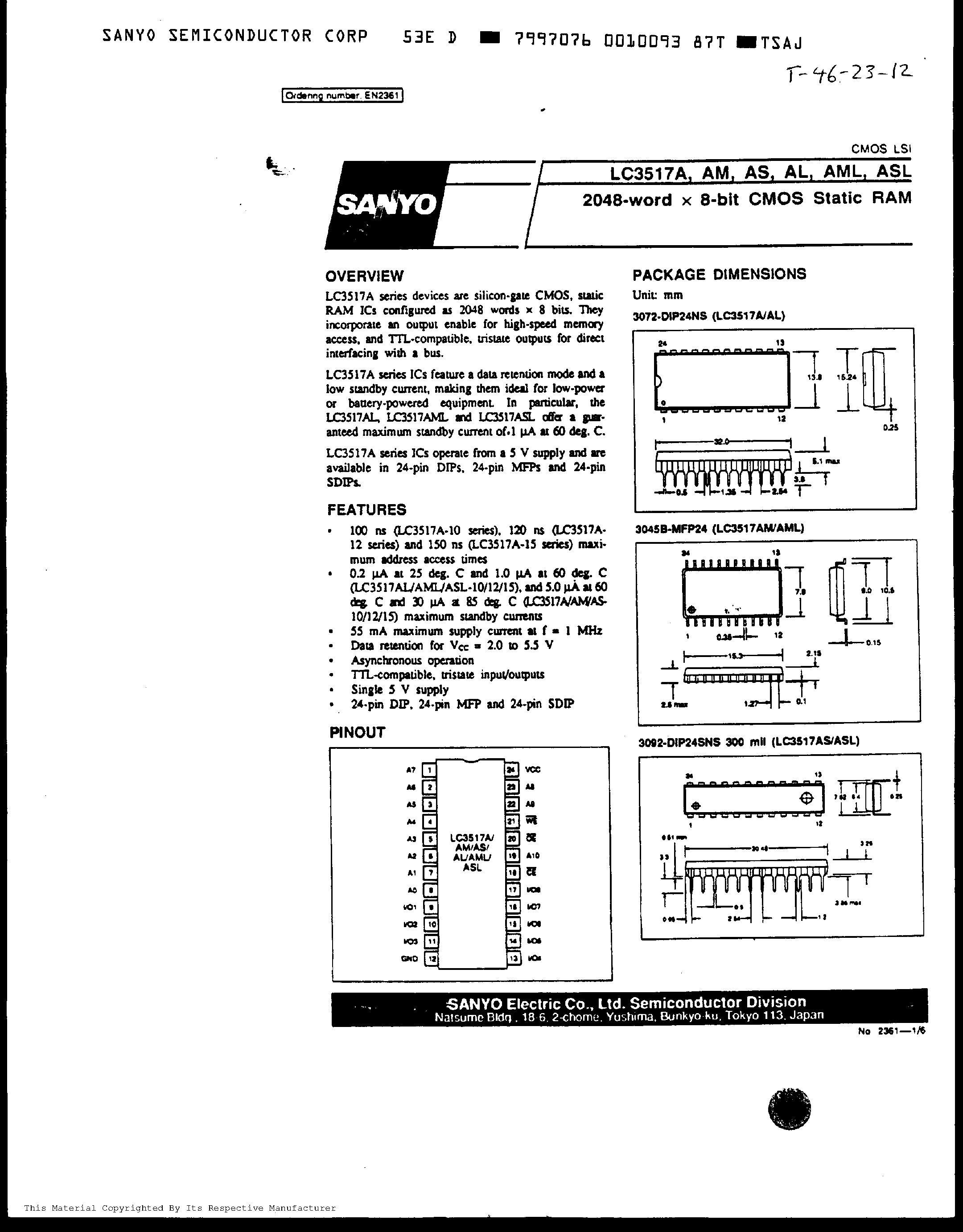 Даташит LC3517A - 2048-word x 8bit COMS Syatic RAM страница 1