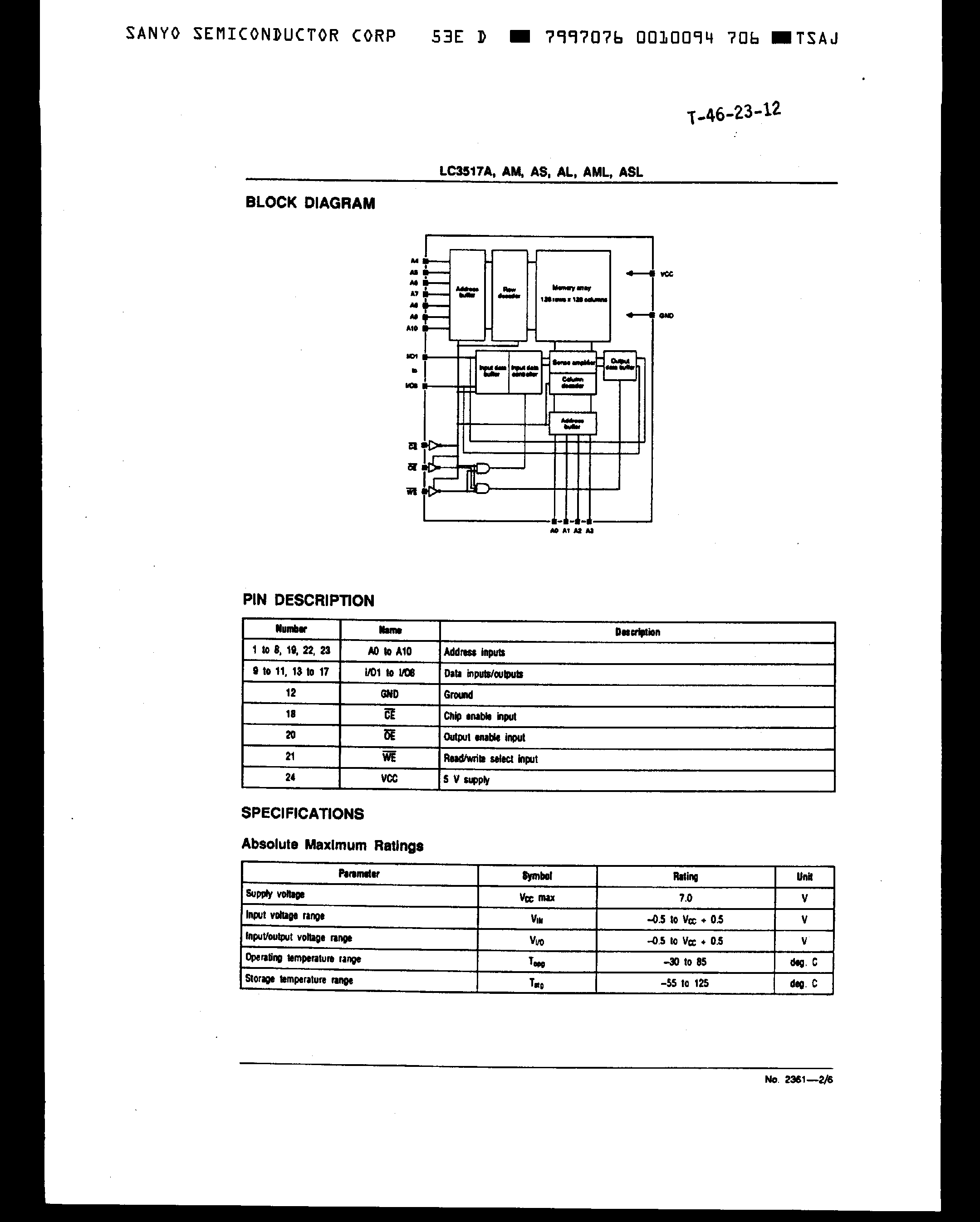 Даташит LC3517AL - 2048-word x 8bit COMS Syatic RAM страница 2