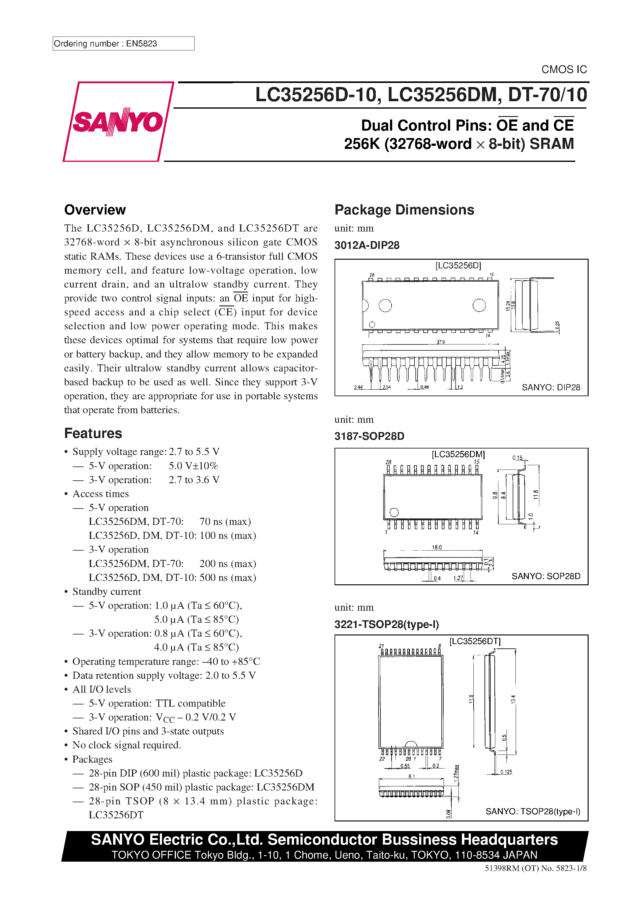 Даташит LC35256DT-70 - Dual Control Pins: OE and CE 256K (32768-word X 8-bit) SRAM страница 1