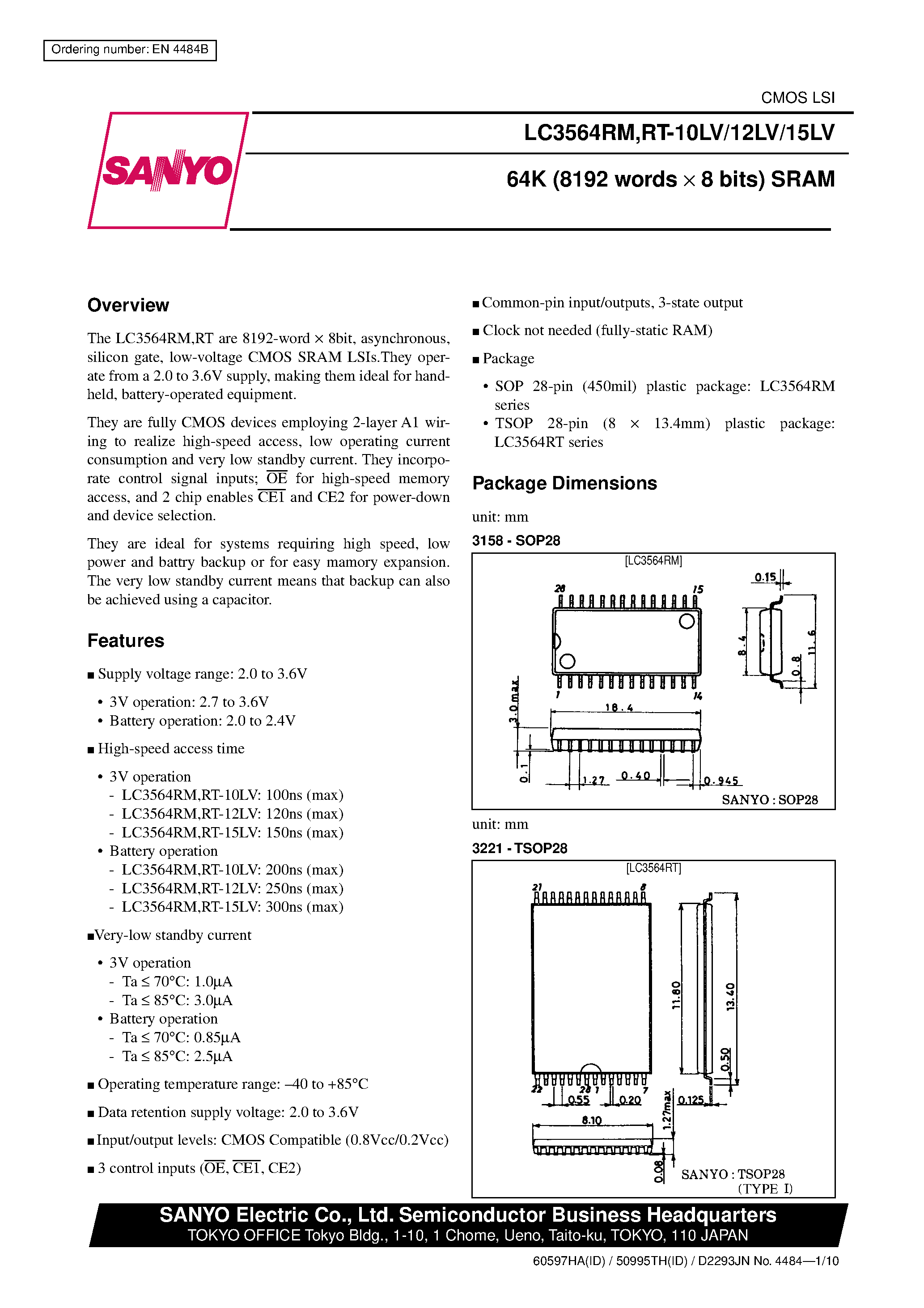 Даташит LC3564RM - 64K (8192 words x 8 bits) SRAM страница 1