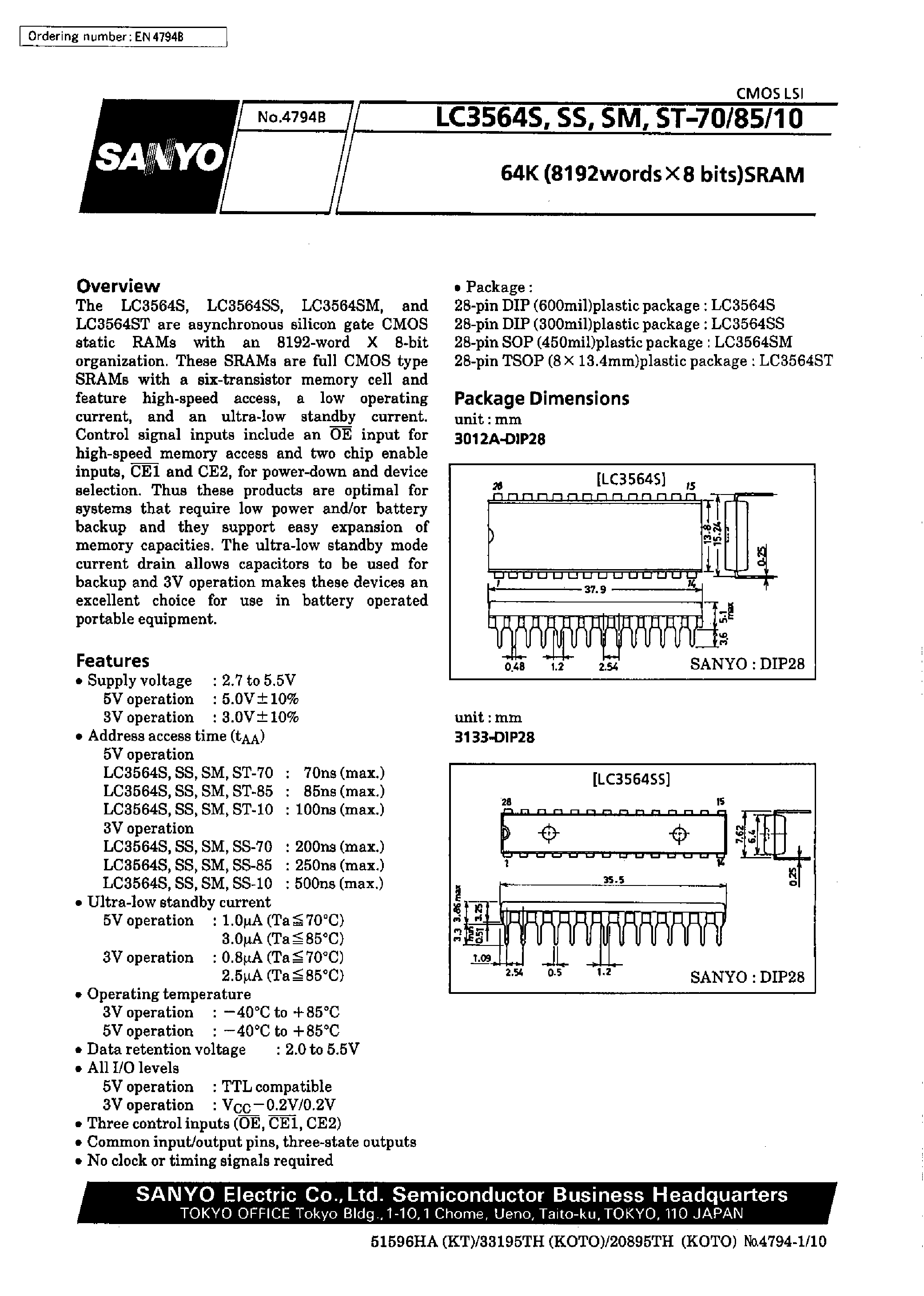 Даташит LC3564ST-10 - 64K (8192 words x 8 bits) SRAM страница 1