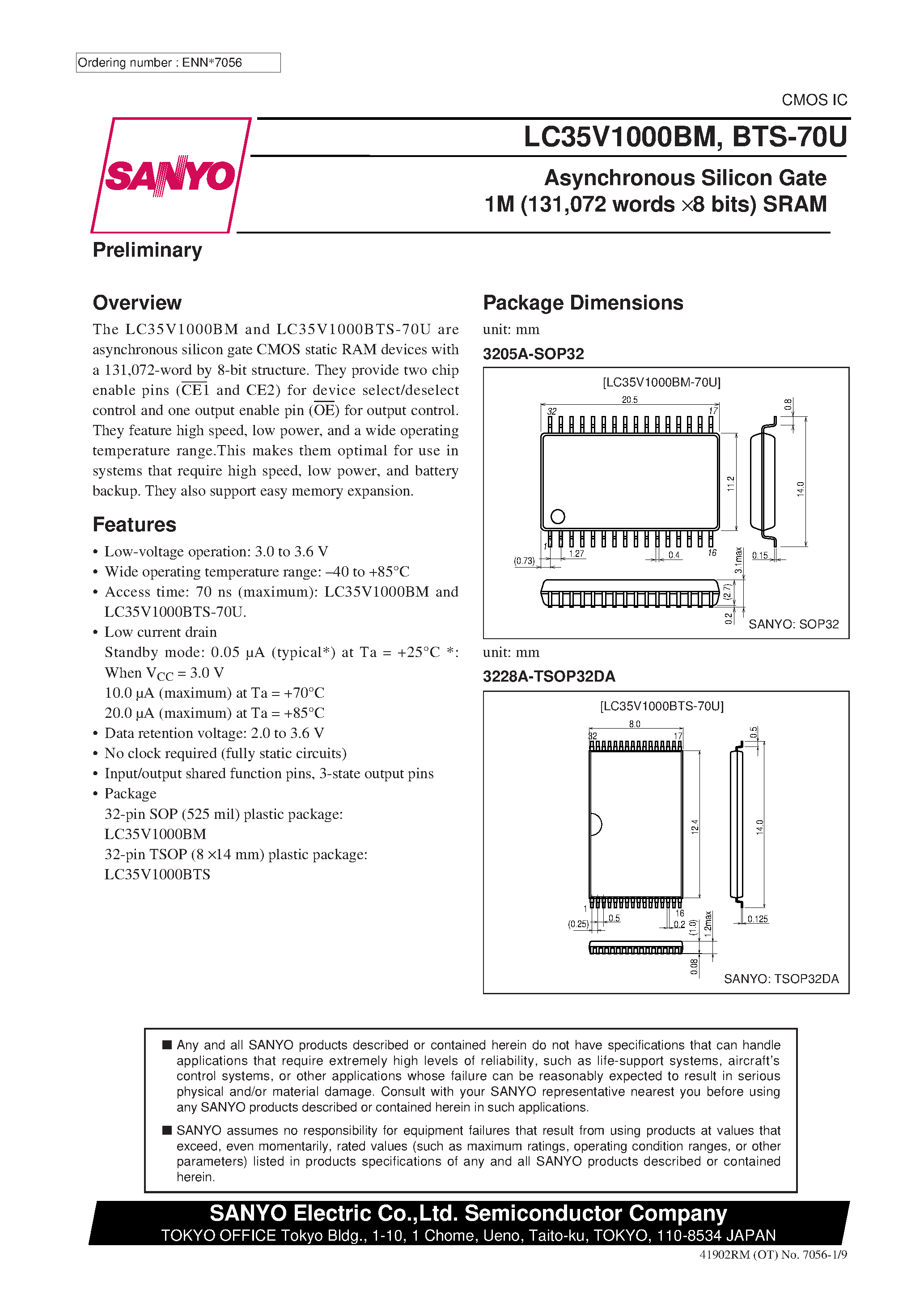Даташит LC35V1000BTS-70U - Asynchronous Silicon Gate 1M (131 /072 words x 8 bits) SRAM страница 1