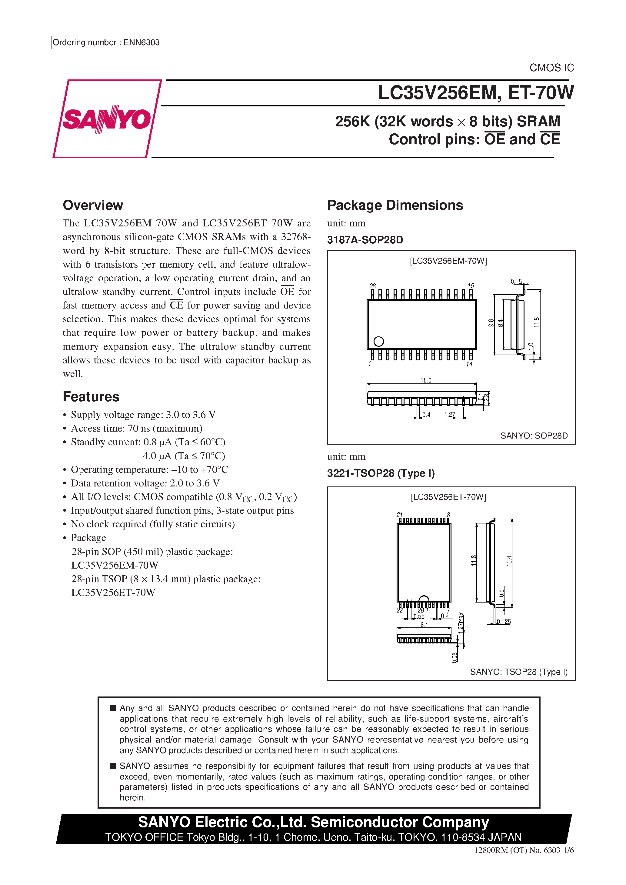 Даташит LC35V256EM - 256K (32K words x 8 bits) SRAM Control pins: OE and CE страница 1