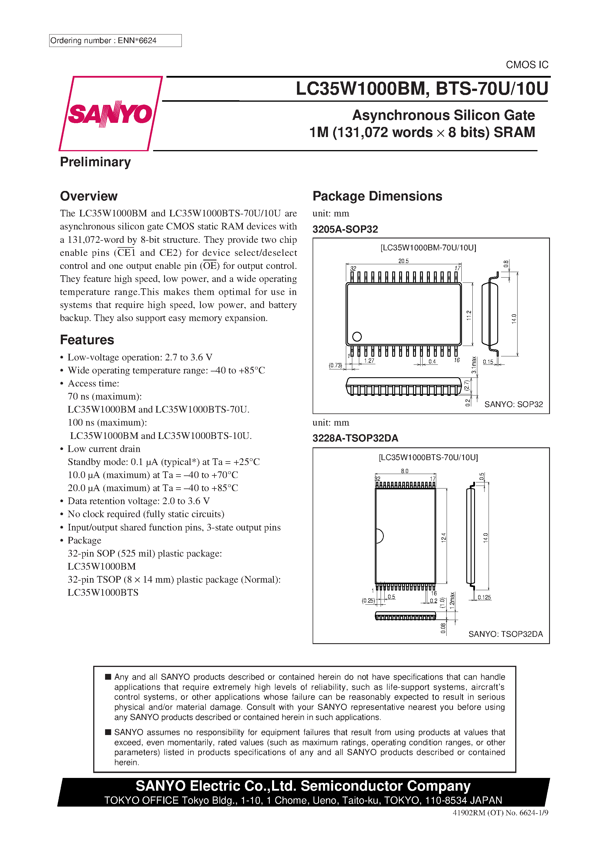 Даташит LC35W1000BTS-10U - Asynchronous Silicon Gate 1M (131 /072 words x 8 bits) SRAM страница 1