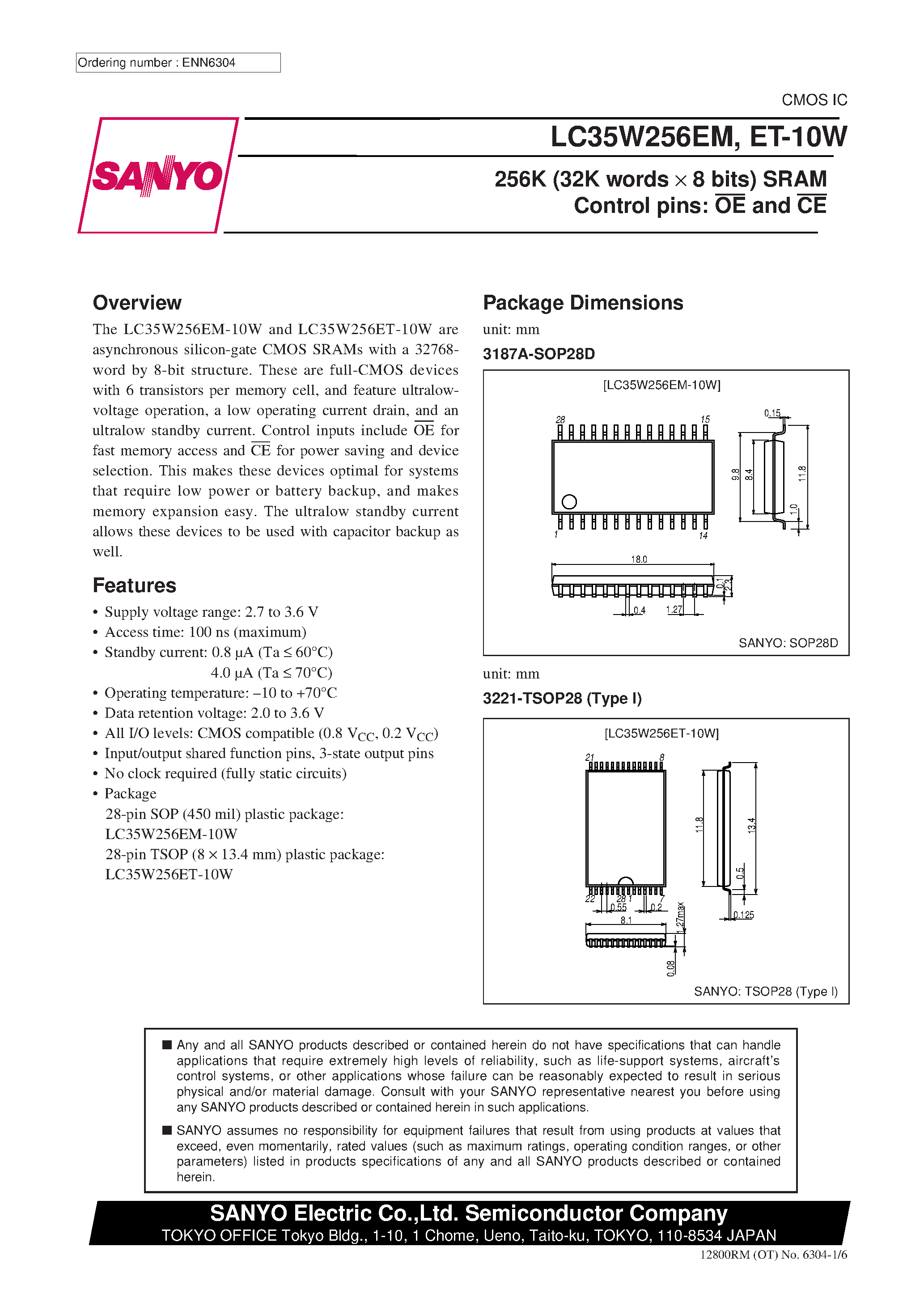 Даташит LC35W256EM - 256K (32K words x 8 bits) SRAM Control pins: OE and CE страница 1
