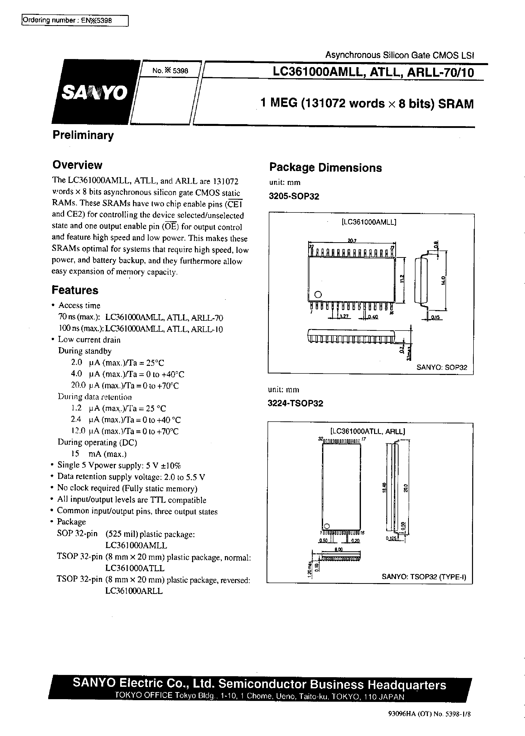 Даташит LC361000ARLL-10 - 1 MEG (131072 words X 8 bits) SRAM страница 1