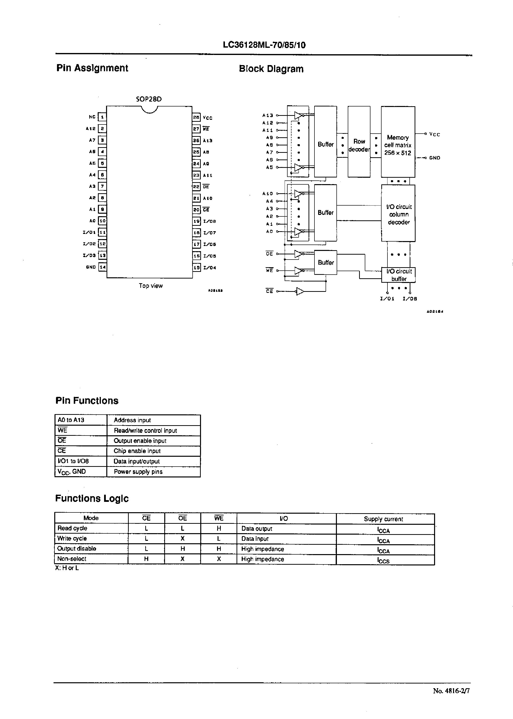 Даташит LC36128ML-85 - 128K(16384 words X 8 bits) SRAM страница 2
